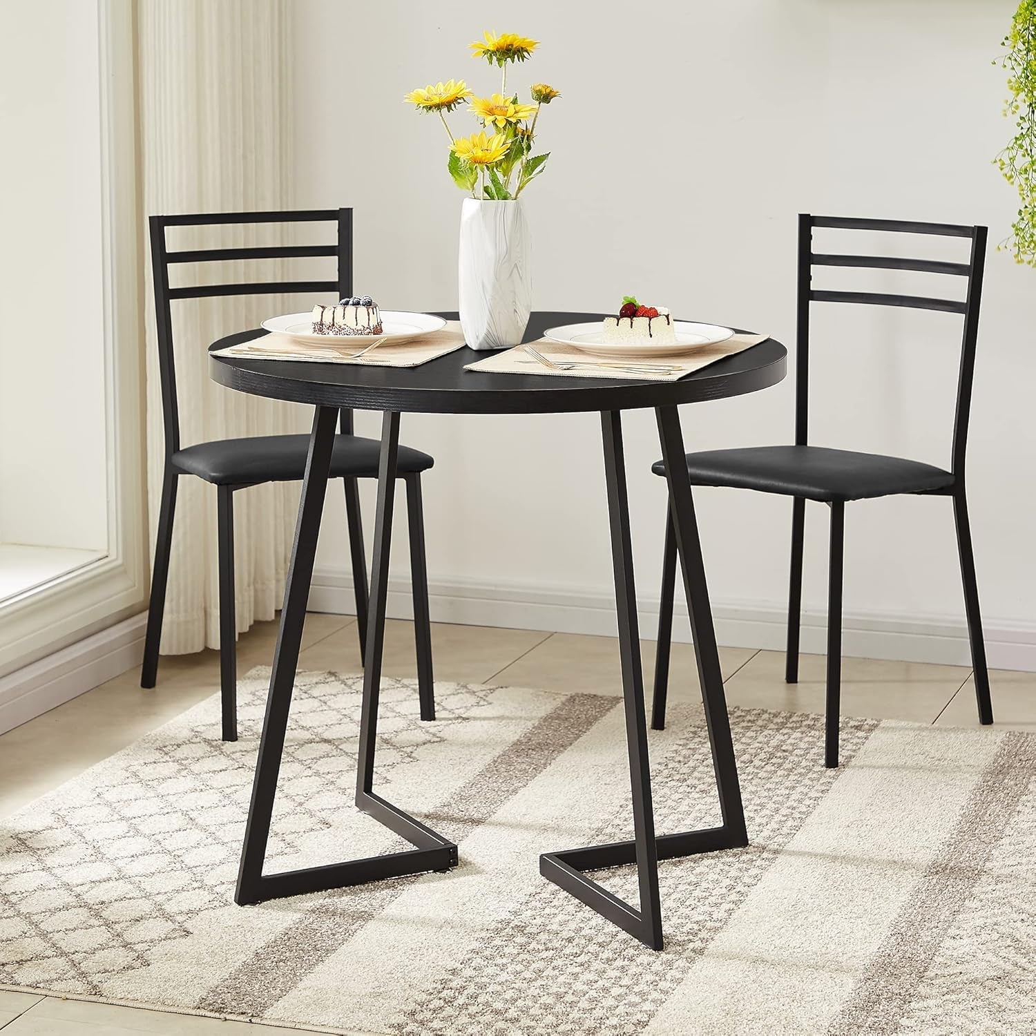 Round Black Woodgrain Top Dining Table With Steel Frame