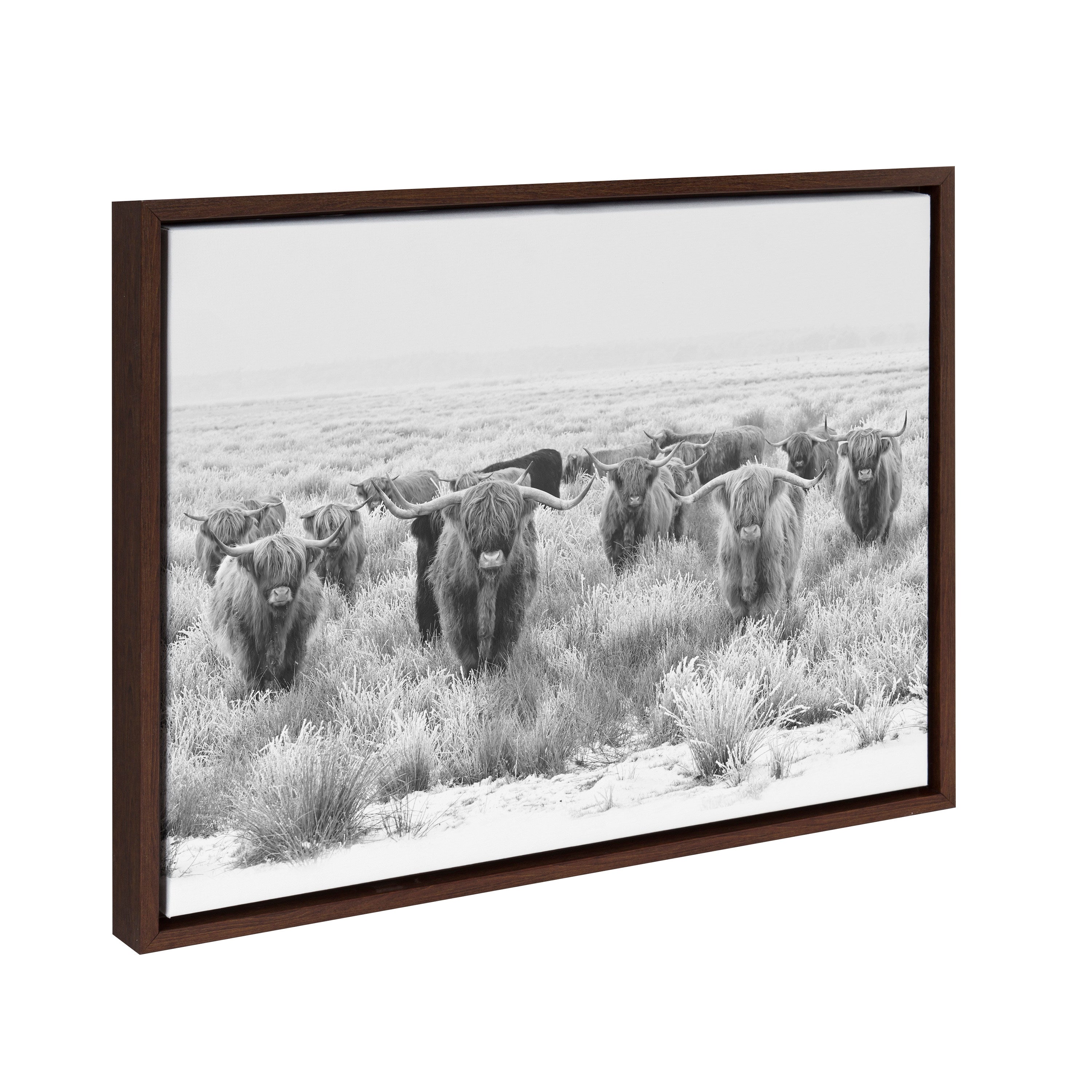 Sylvie Herd of Highland Cows Black and White Framed Canvas by The Creative Bunch Studio