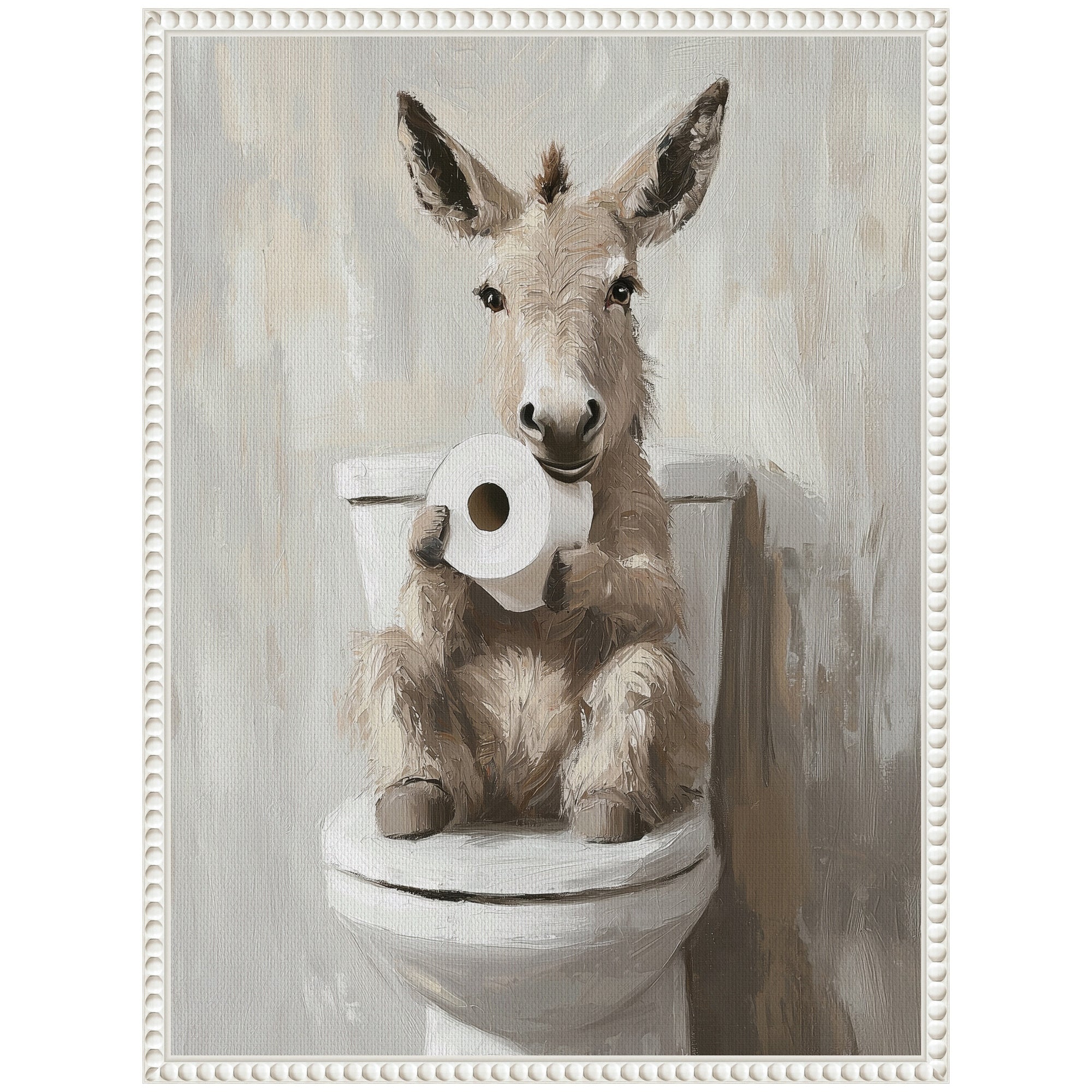 Sylvie Cute Donkey Holding Toilet Paper Roll Toilet Bathroom Art Framed Canvas by The Creative Bunch Studio