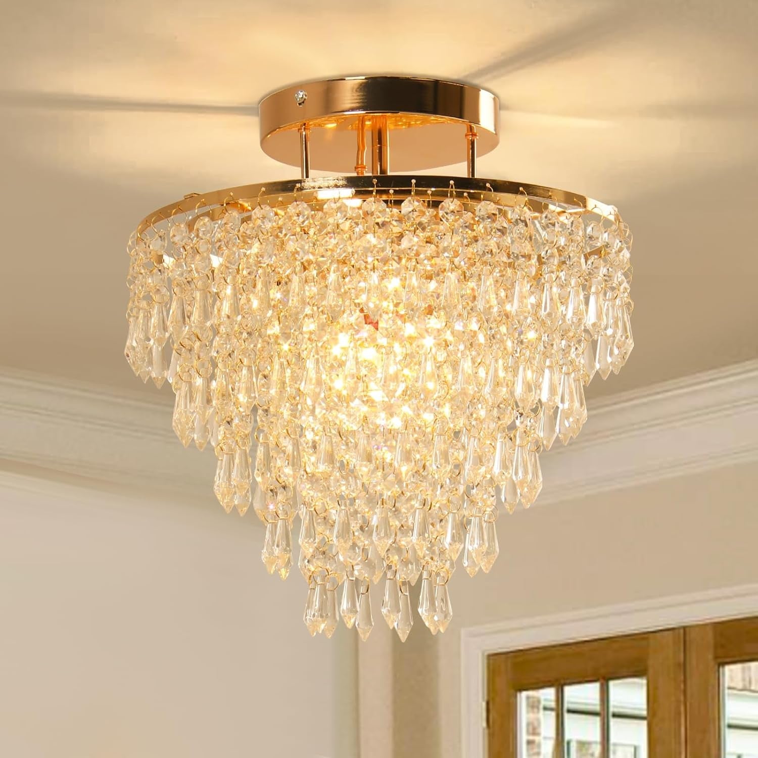 Gold Crystal Flush Mount Chandelier 30cm Ceiling Light