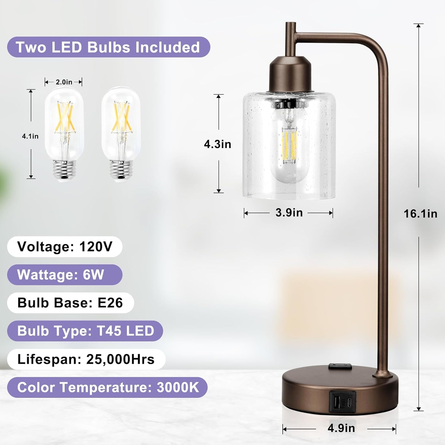 Brown Table Lamps 3-Way Dimmable With USB Ports Set Of 2