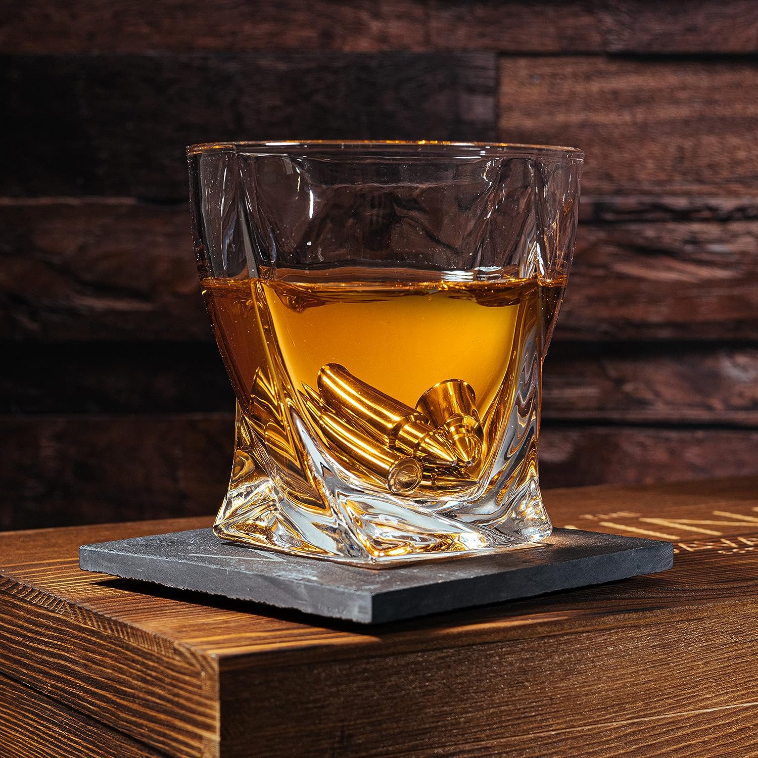 Luxurious Bar Gift Set - 2 Whiskey Glasses + 10 Bullets Chilling Stainless-Steel Whiskey Rocks - Slate Stone Coasters & Tongs - Set in Premium Wood Box by The Wine Savant - Birthday Gift - 11 oz Glass-2