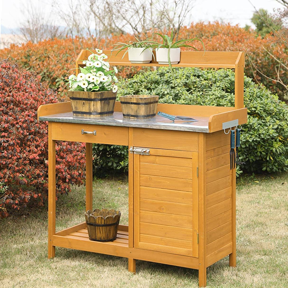 Outdoor Garden Organizer Stainless Steel Top Potting Bench Storage Cabinet-1