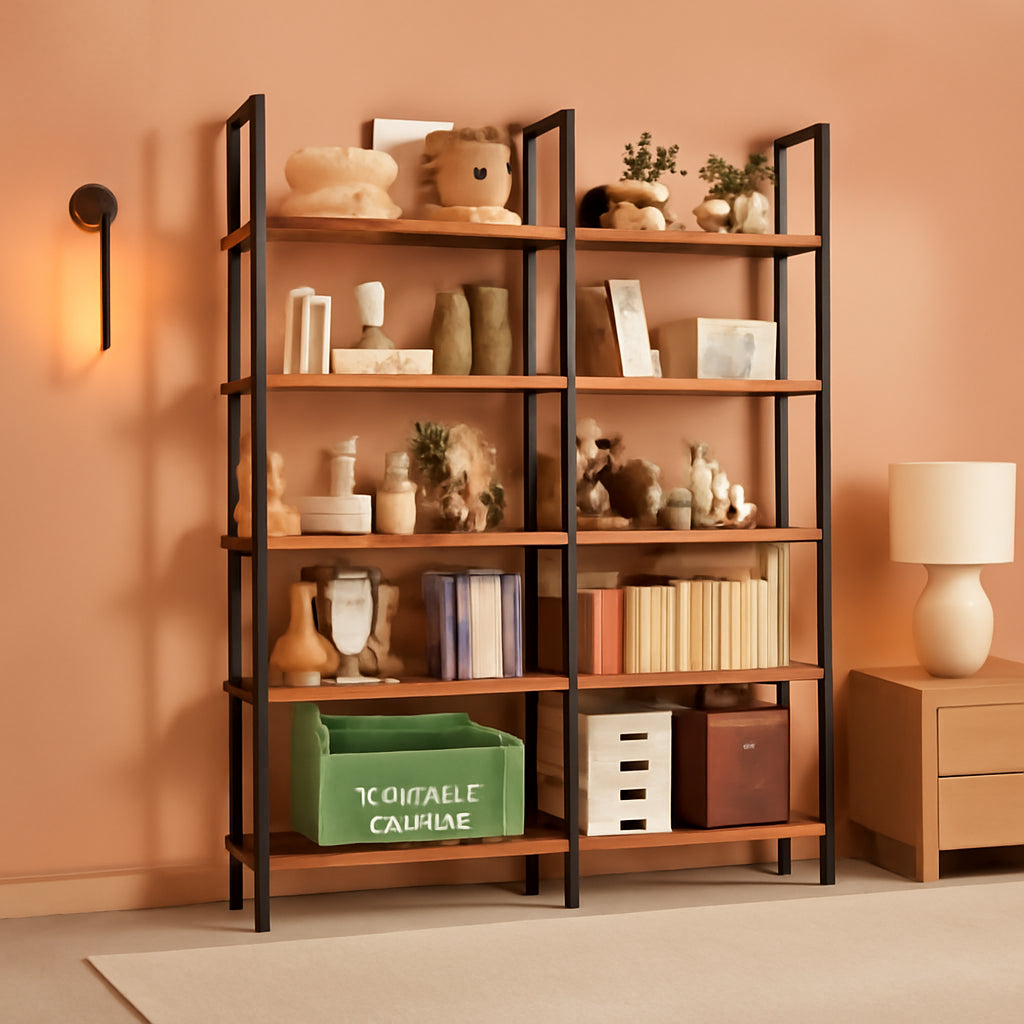 Tall 5 Shelf Vintage Bookcase With Metal Frame Storage