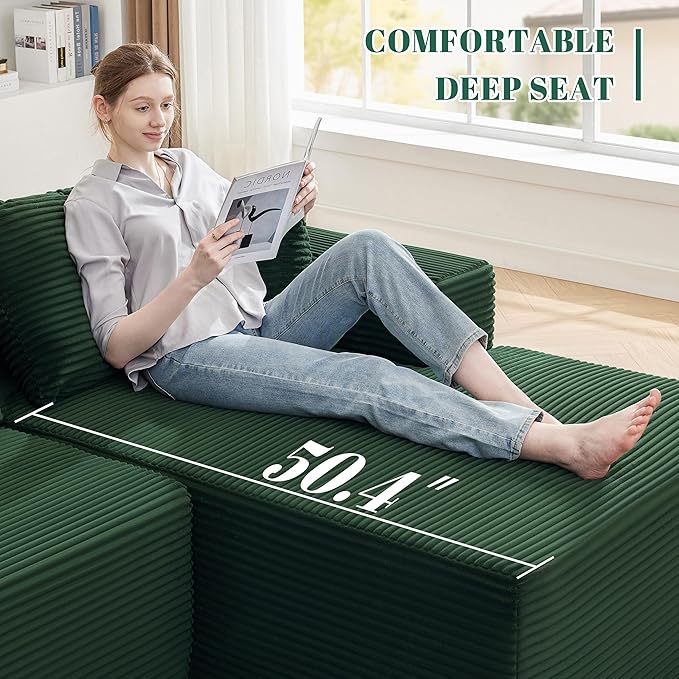 110” Cloud Sectional Couch, Boneless Sofa for Living Room, Modular Sectional Sofa with Deep Seat, Comfy Fluffy Couch with L-Shaped Chaise, No Assembly Required (Right-Facing Chaise, Green)