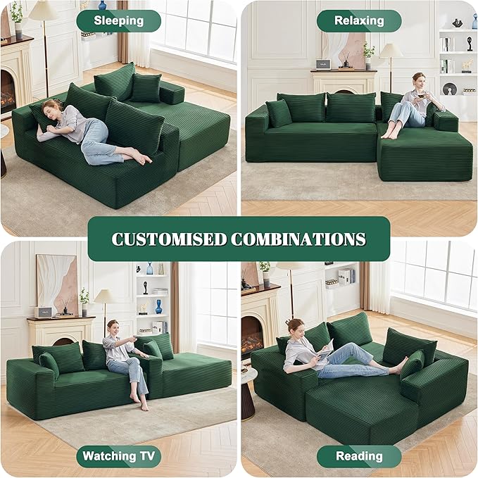 110” Cloud Sectional Couch, Boneless Sofa for Living Room, Modular Sectional Sofa with Deep Seat, Comfy Fluffy Couch with L-Shaped Chaise, No Assembly Required (Right-Facing Chaise, Green)