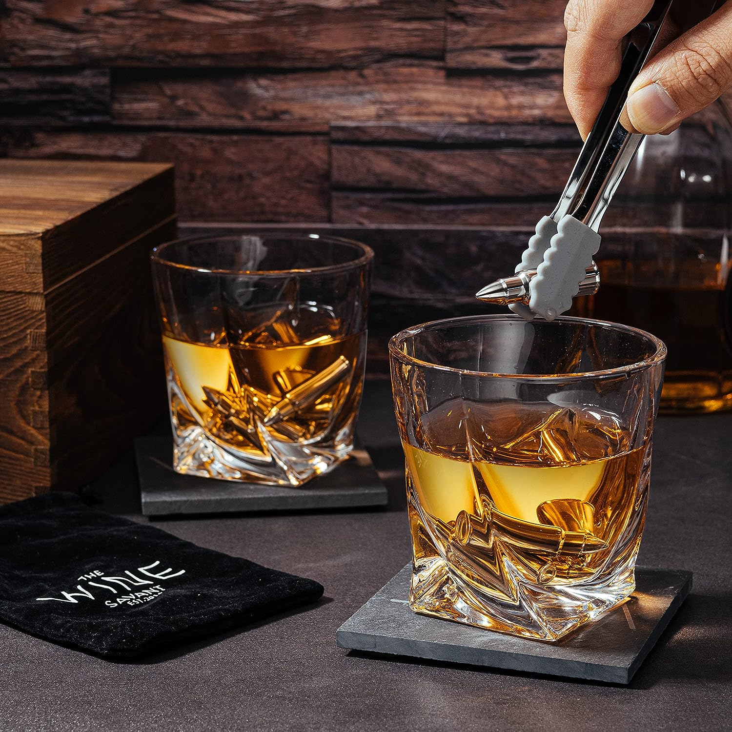 Luxurious Bar Gift Set - 2 Whiskey Glasses + 10 Bullets Chilling Stainless-Steel Whiskey Rocks - Slate Stone Coasters & Tongs - Set in Premium Wood Box by The Wine Savant - Birthday Gift - 11 oz Glass-1