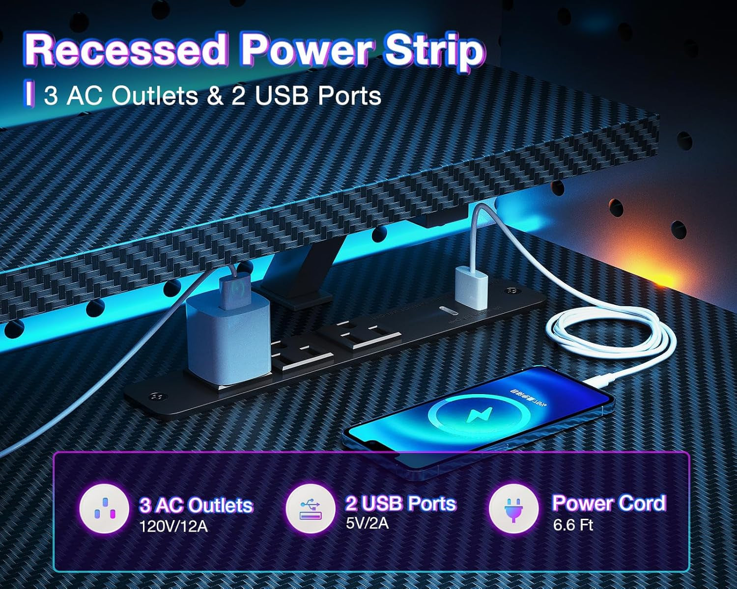 55 Inch Reversible Gaming Desk USB Charging LED Lights