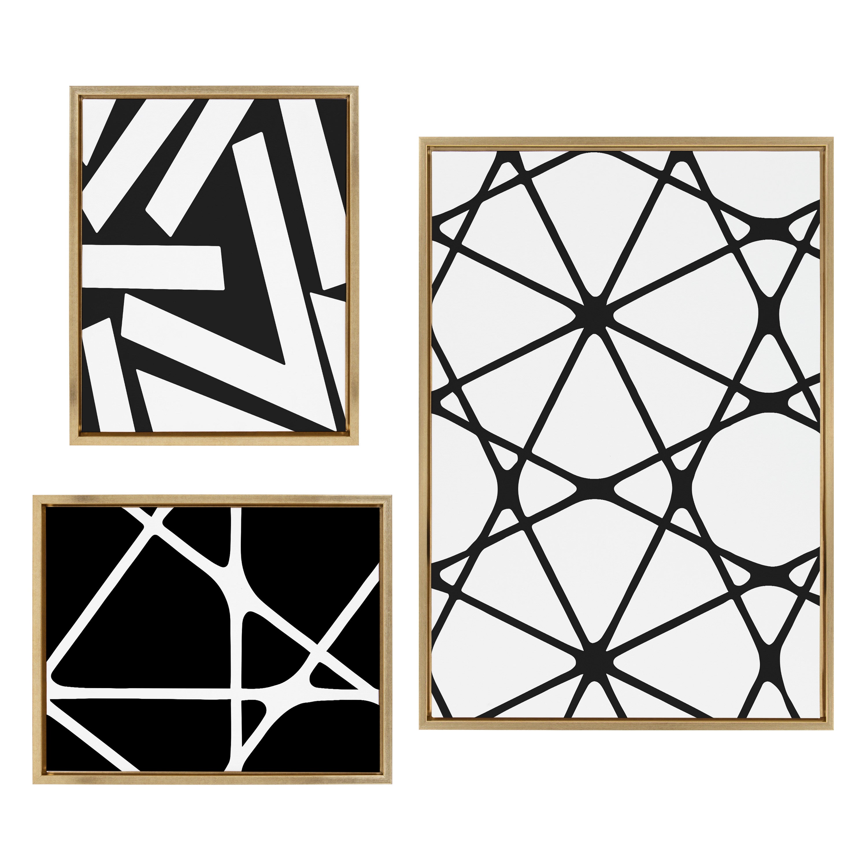 Sylvie Elevated Modern Black and White Minimalist Pattern No 1, 2 and 3 Framed Canvas by The Creative Bunch Studio