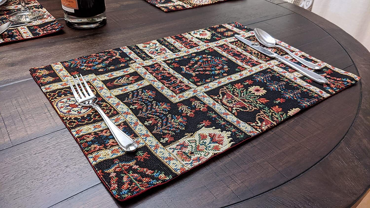 DaDalogy Bedding Set of 4-Pieces Dark Noir Mughal Floral Botanical Vintage Fleur Tapestry Placemats 13” x 19” (18197)