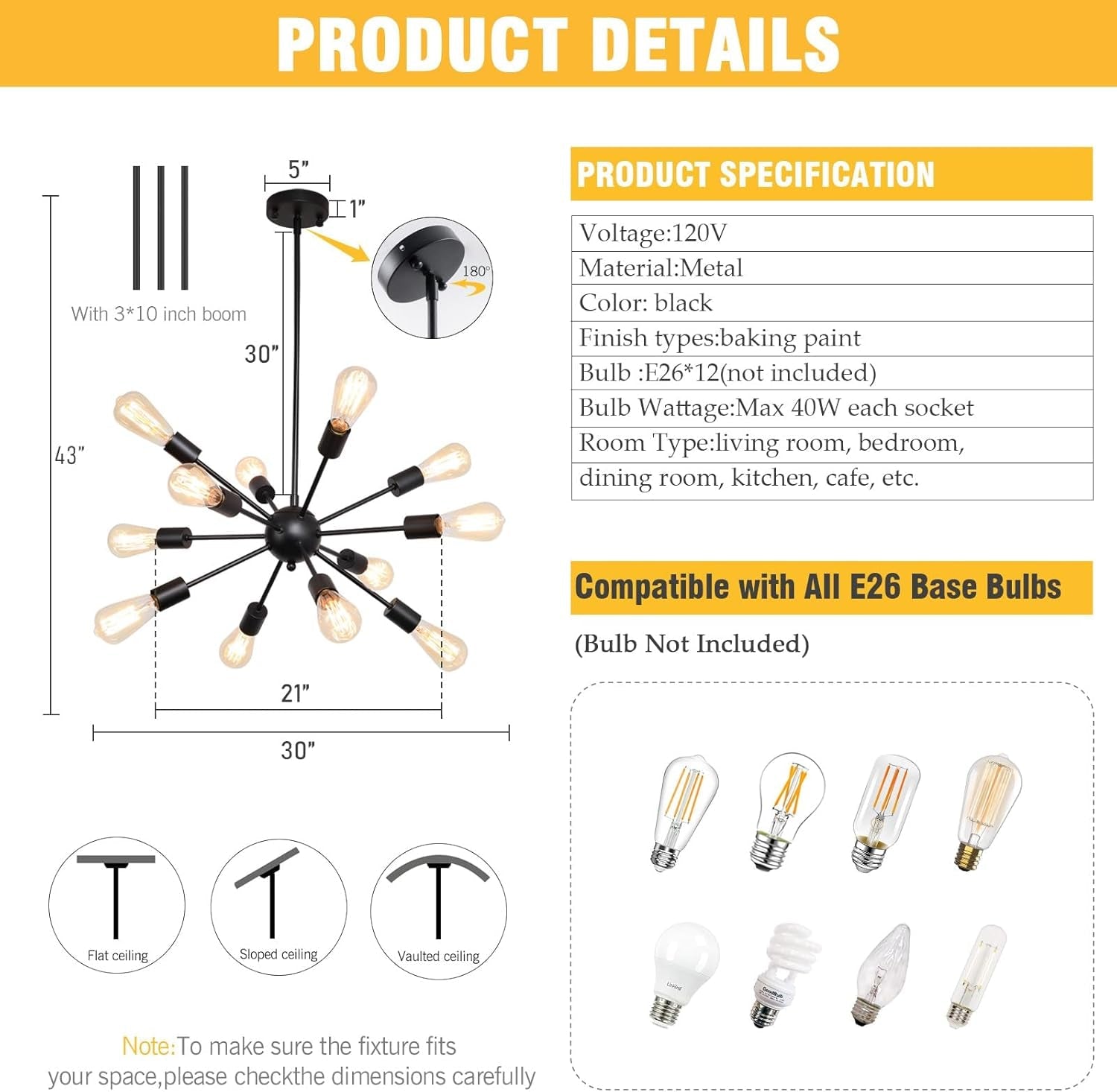 Black 12 Light Sputnik Chandelier Modern Farmhouse Pendant-2