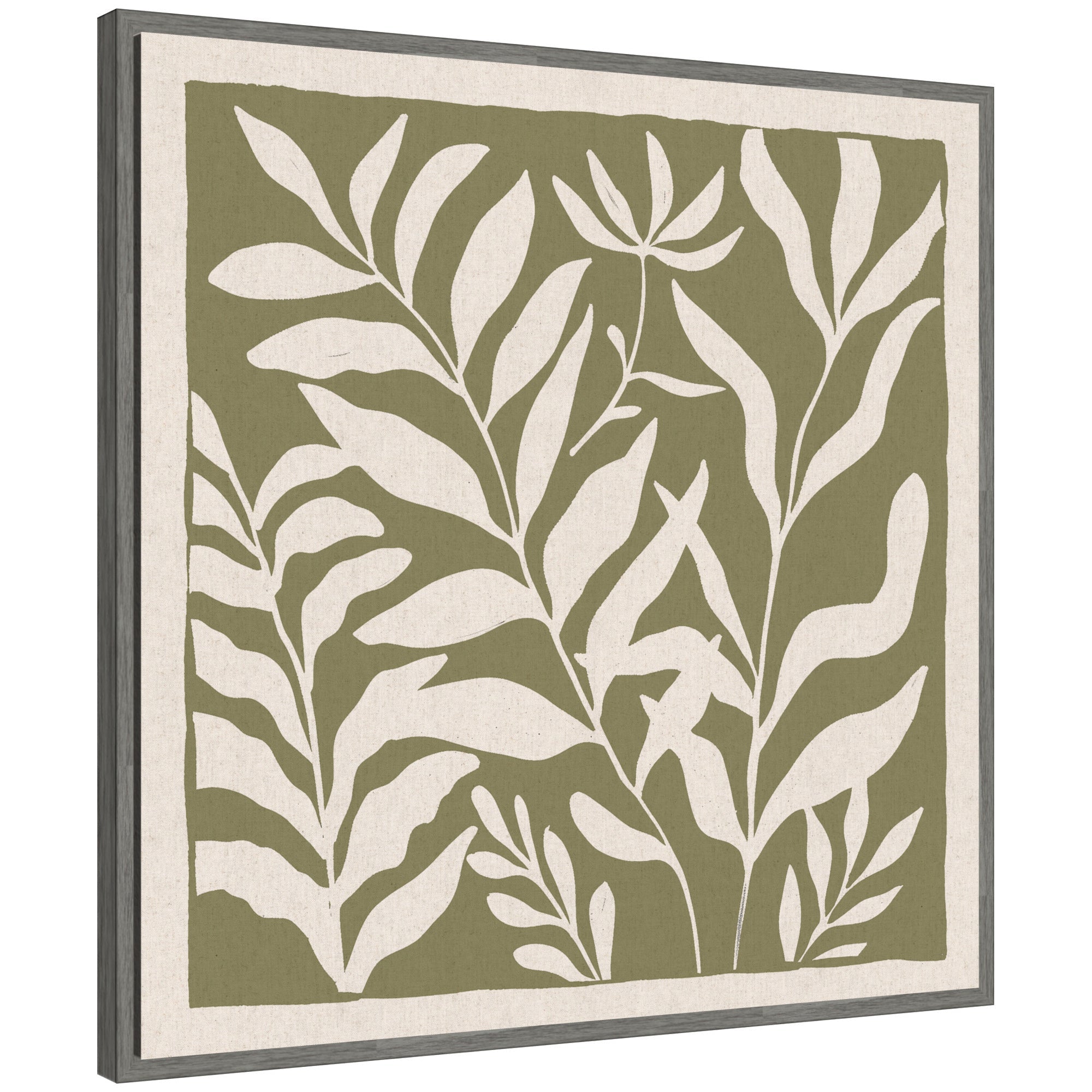Sylvie Modern Minimalist Botanical Green and Neutral Linen Framed Canvas by The Creative Bunch Studio