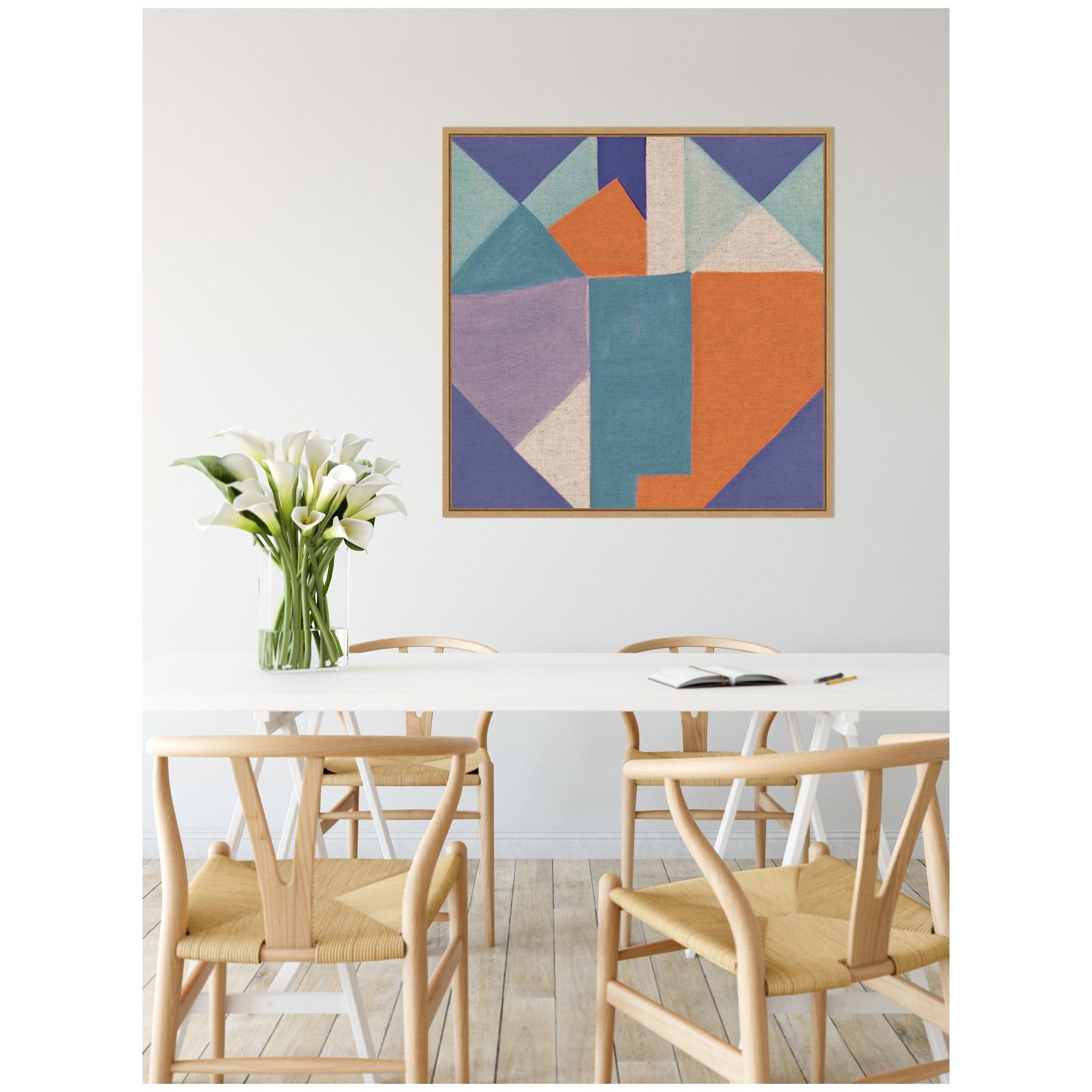 Sylvie Painterly Soft Geometric Shapes Neutral Linen Framed Canvas by The Creative Bunch Studio