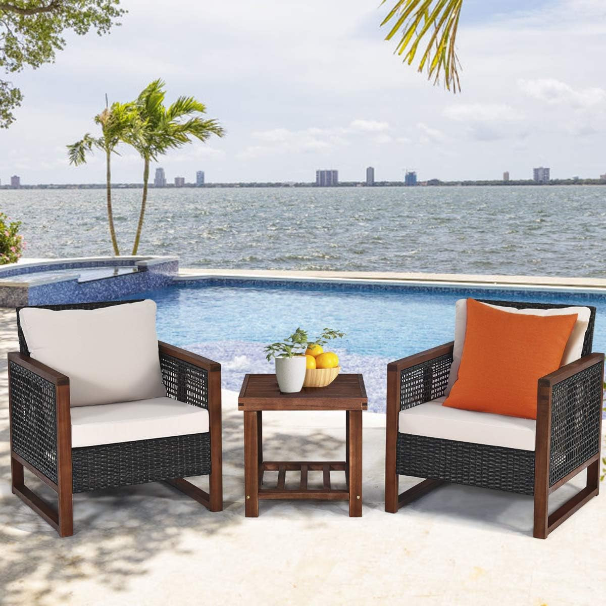 3 Piece Patio Wicker Furniture Set With Beige Washable Cushions And Acacia Wood Coffee Table