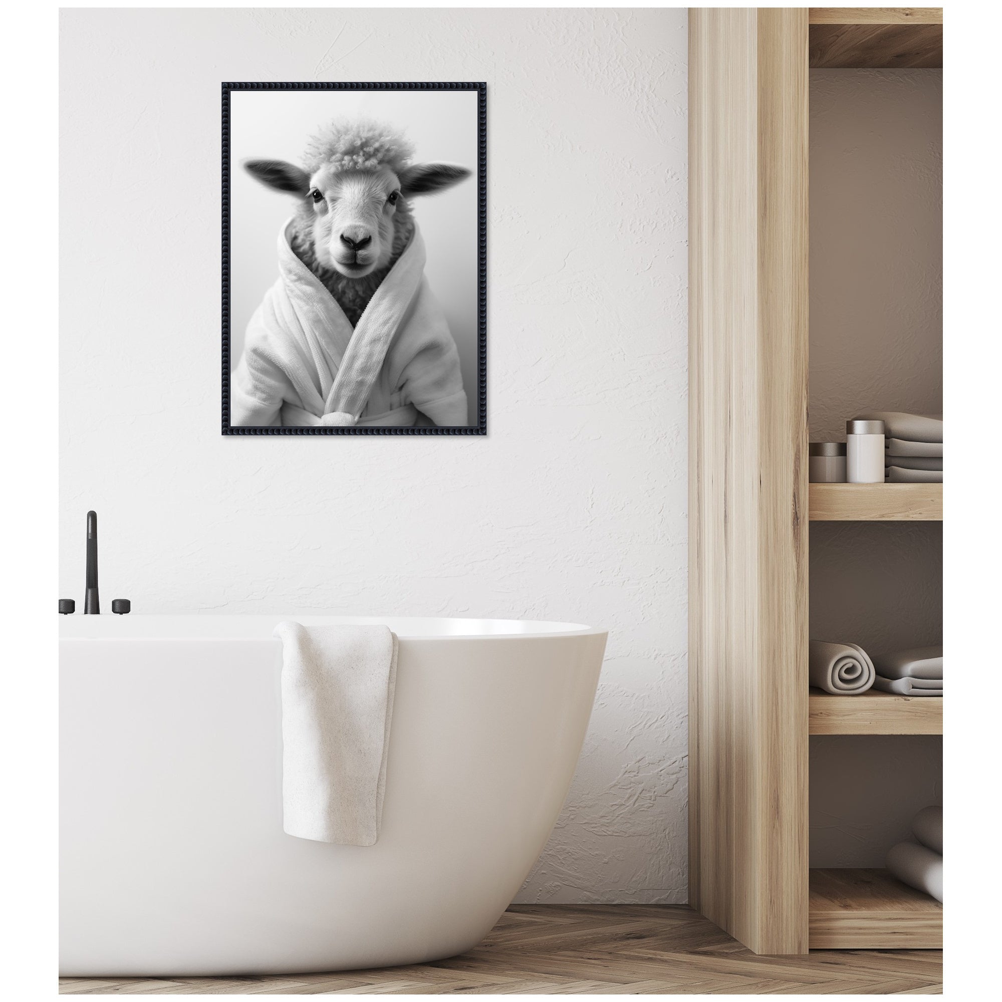Sylvie Sheep Bathroom Art Towel Robe Black and White Framed Canvas by The Creative Bunch Studio