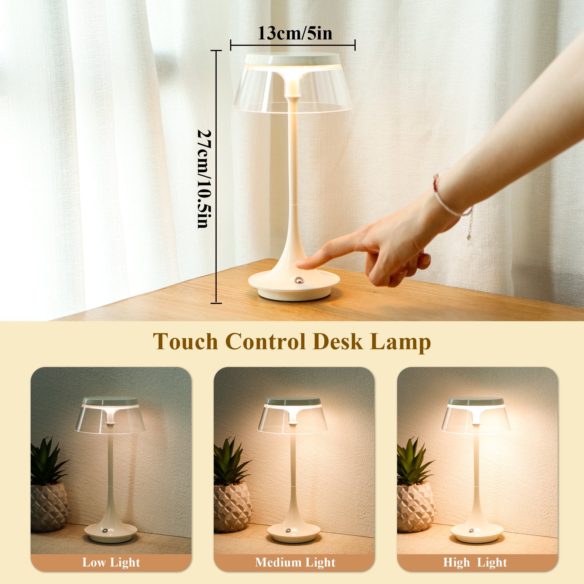 JHY DESIGN 10.5”H Dimmable Bedside Table Lamp Touch Control Lamp（Single）-3