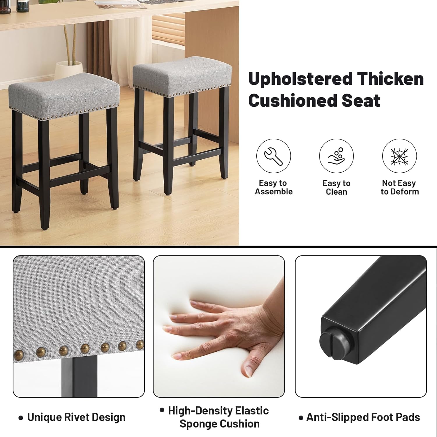 Ergonomic Upholstered Bar Stools Set for Kitchen Island