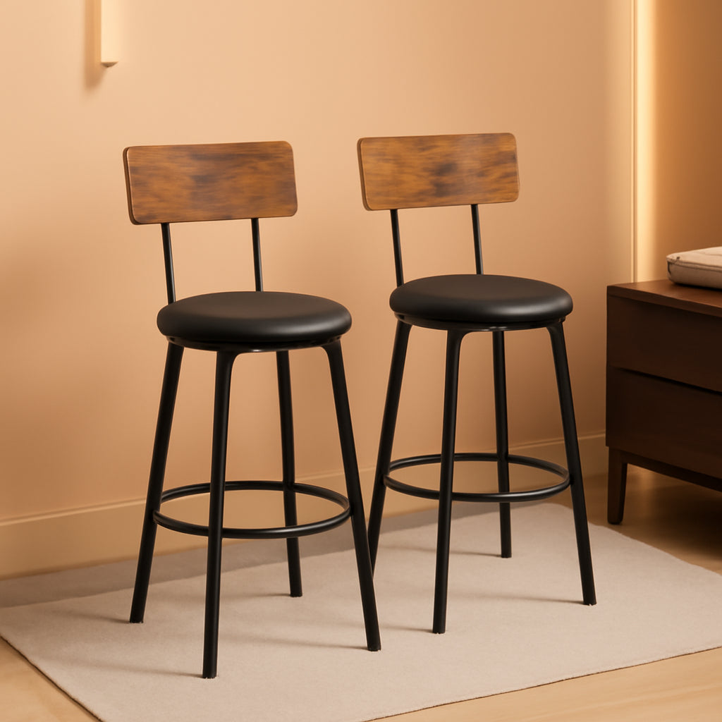 Rustic Brown PU Bar Stools Set of 2 26 Inch With Footrest