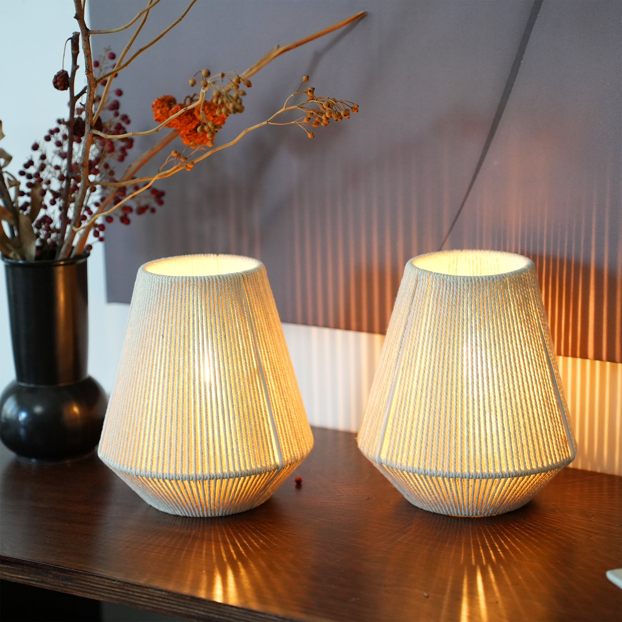 JHY DESIGN 2-Pack Boho Woven Cotton Rope Table Lamp - 8" H Cordless Battery - Operated with 6-Hour Timer, Perfect for Bedroom Bedside & Events-2