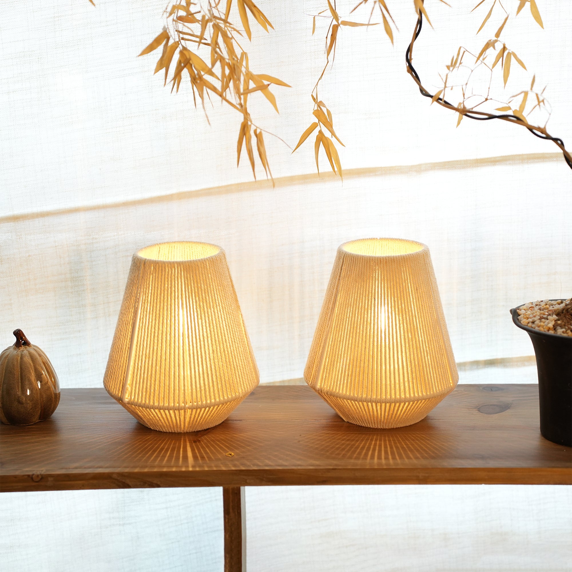JHY DESIGN 2-Pack Boho Woven Cotton Rope Table Lamp - 8" H Cordless Battery - Operated with 6-Hour Timer, Perfect for Bedroom Bedside & Events-4