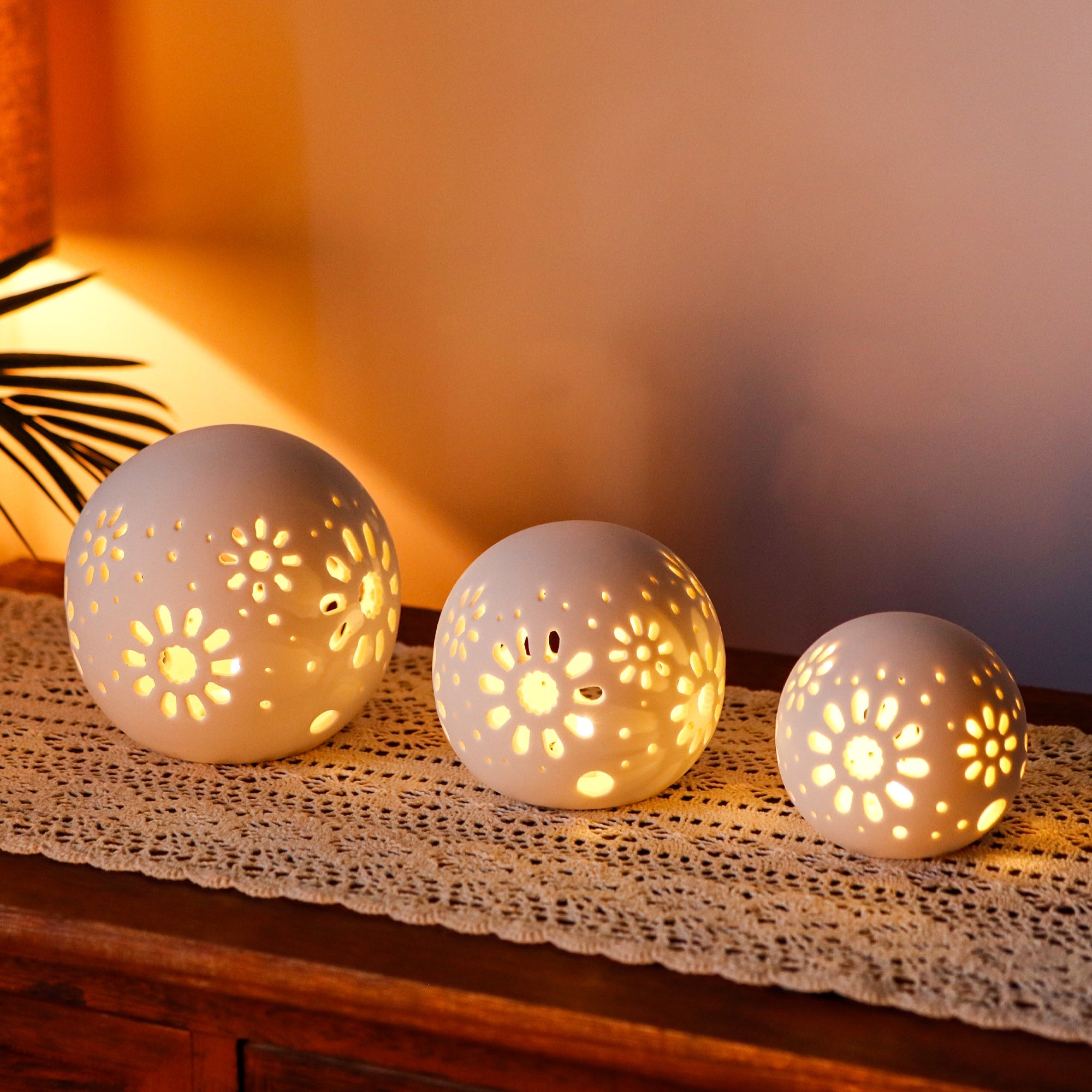 Set of 3 Ceramic Decorative Lamp Floral Carved Cordless Lamp-0