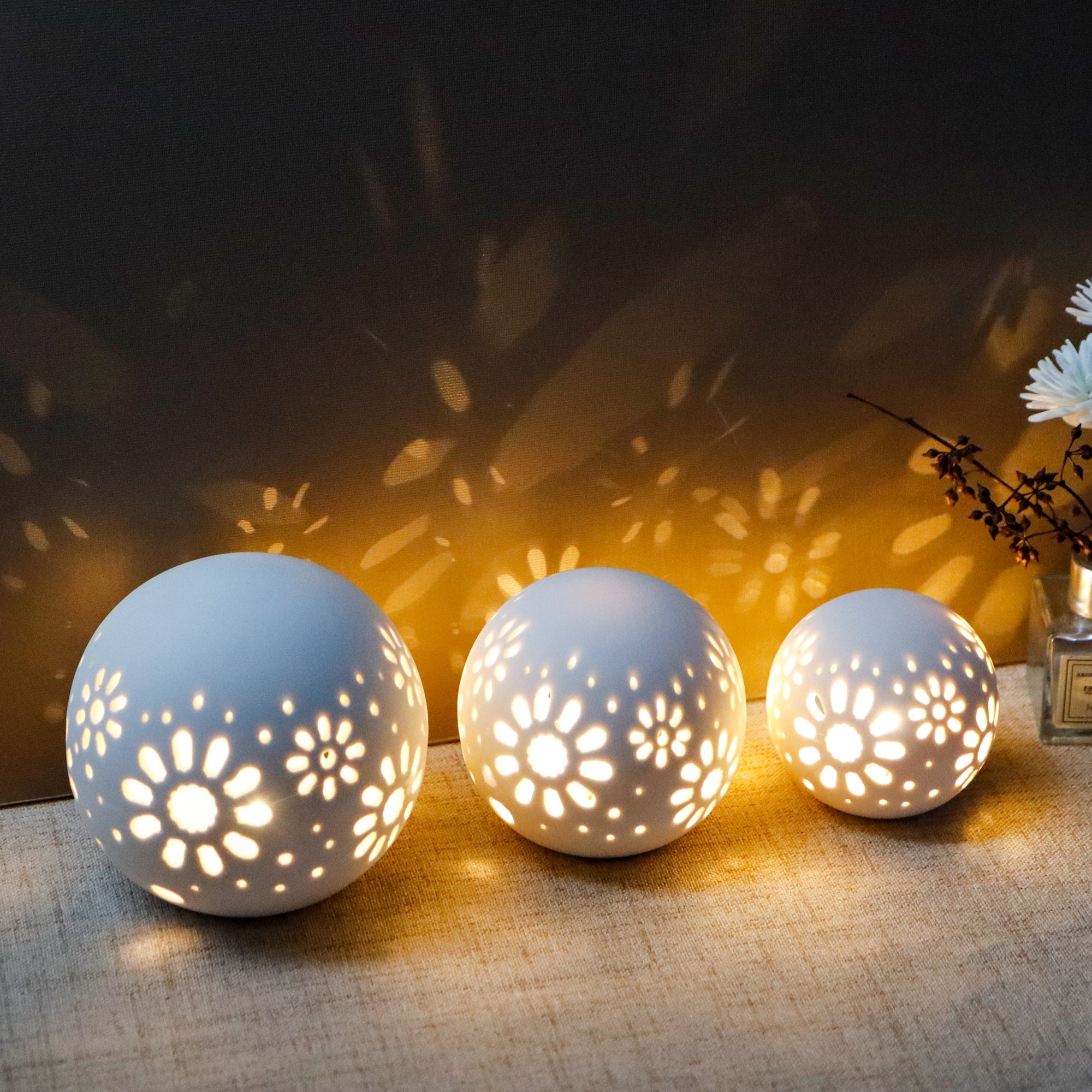 Set of 3 Ceramic Decorative Lamp Floral Carved Cordless Lamp-3