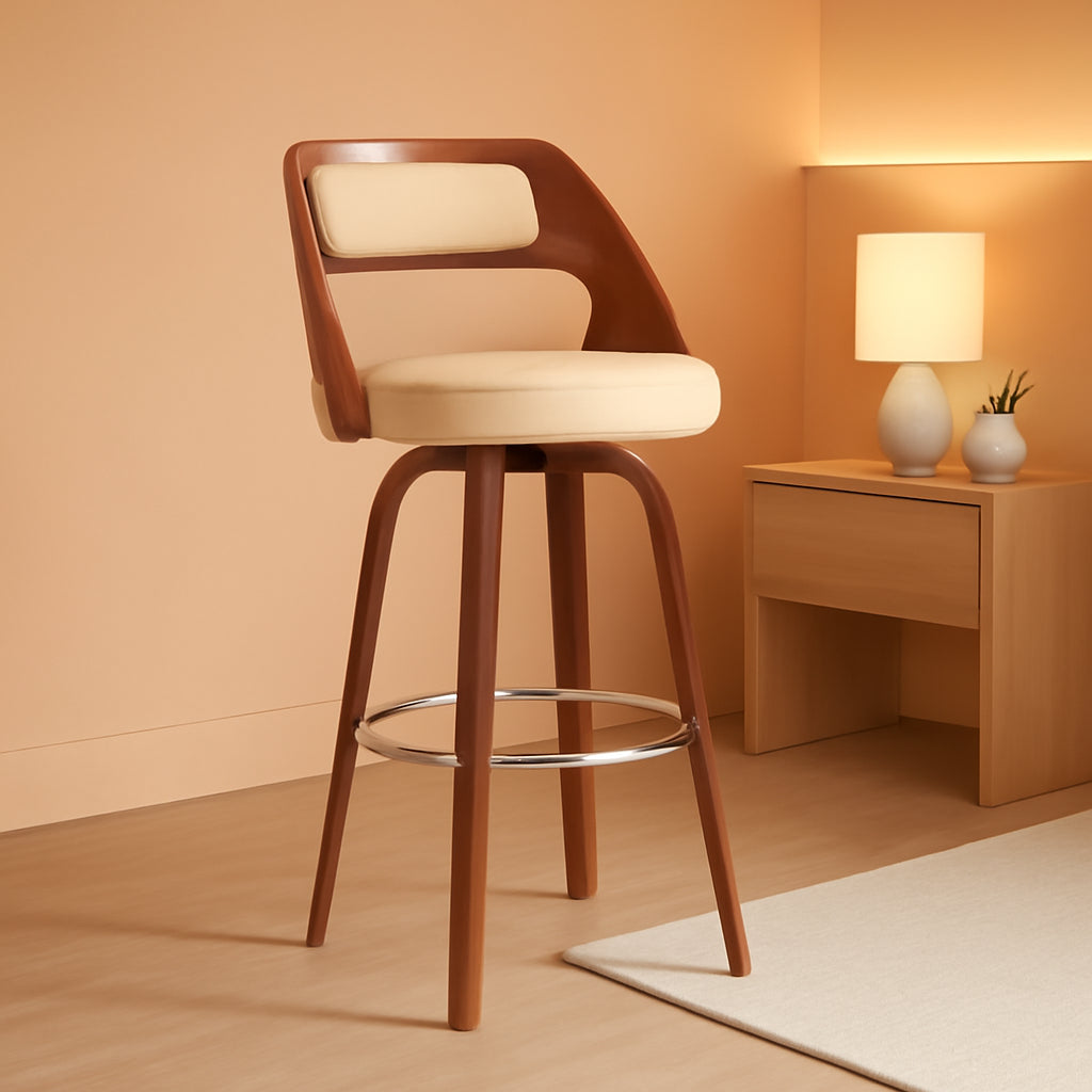 Cream Faux Leather Walnut Wood Bar Stool Swivel 360 Degree