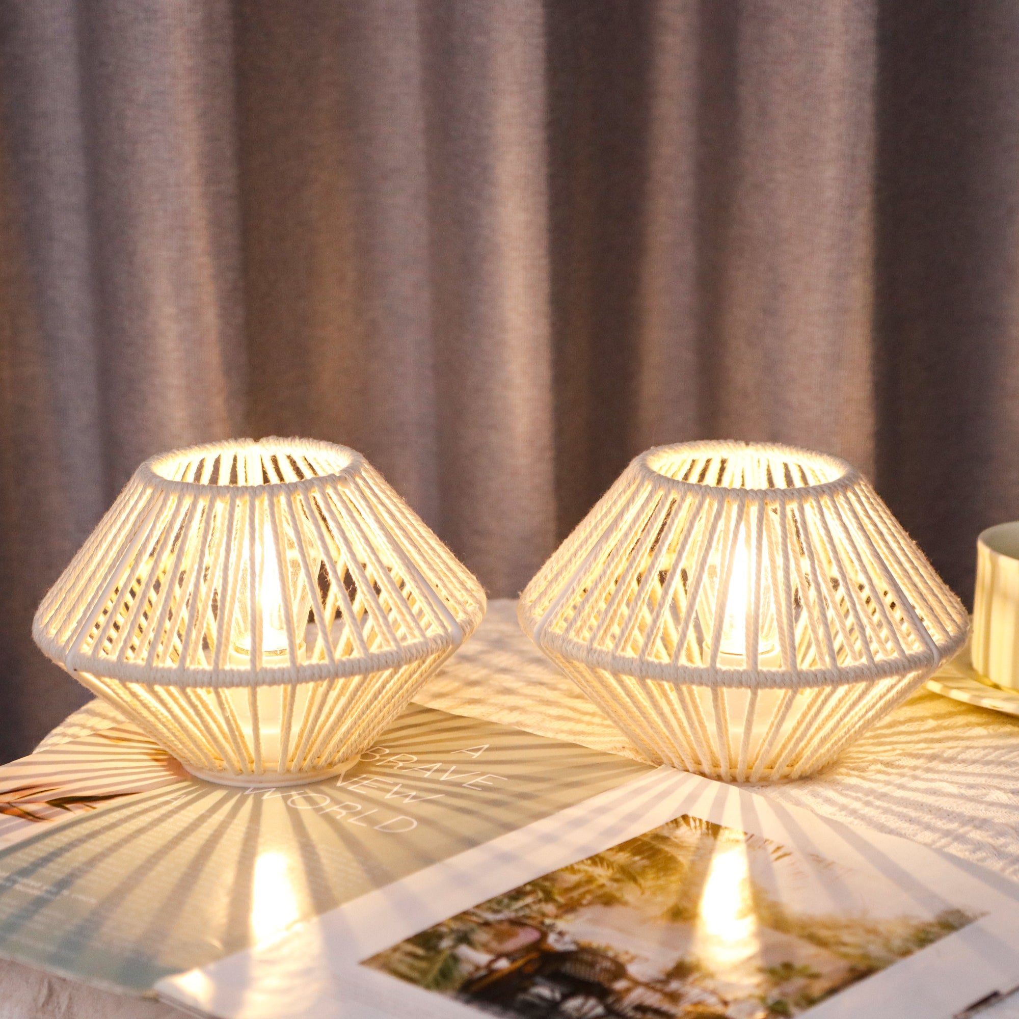 TRIROCKS Woven Cotton Rope Table Lamp (Set of 2) – 5" Cordless Battery-Operated Boho Wireless LED Lamps, Indoor/Outdoor-1