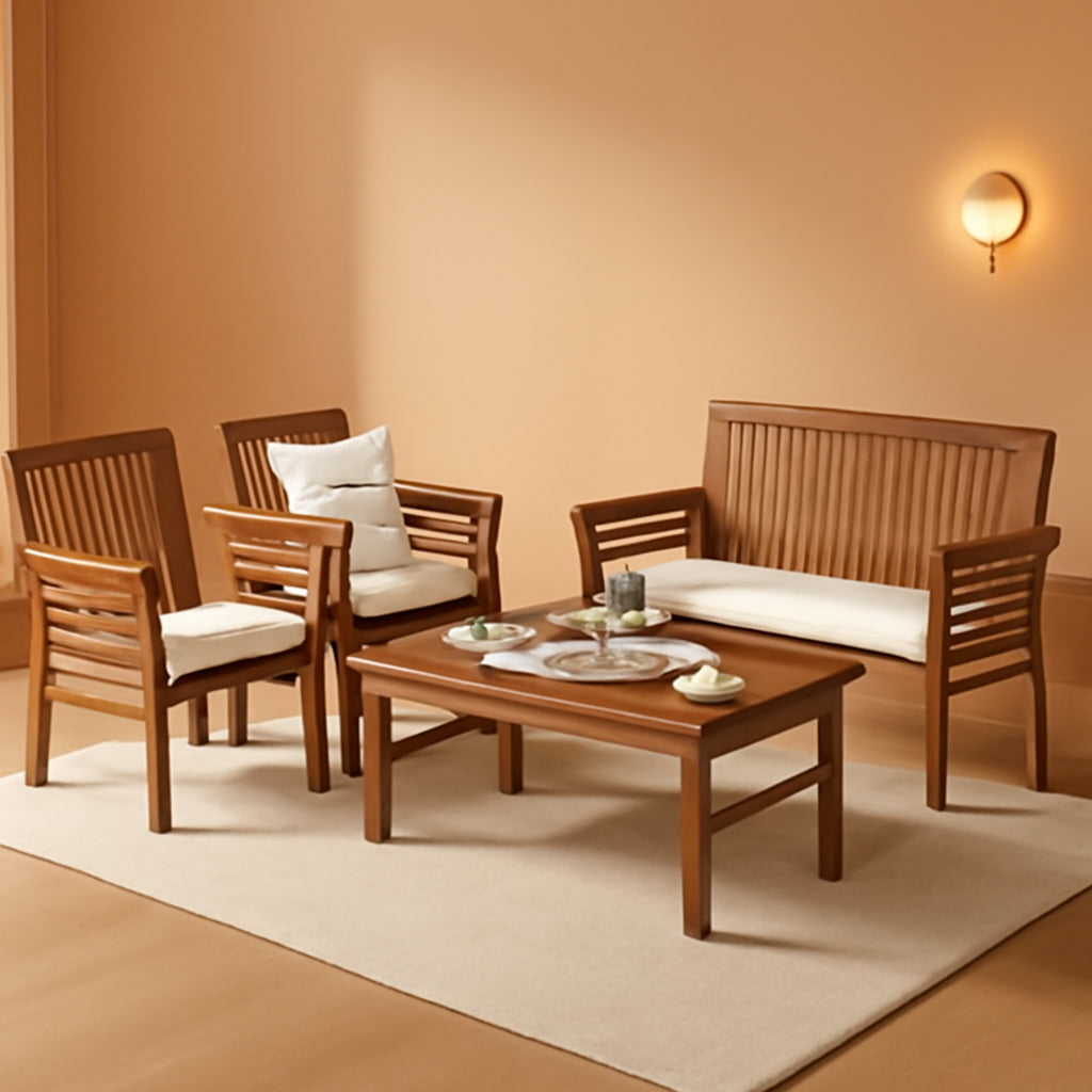 Outdoor Acacia Wood 4 Piece Sofa Set With Water Resistant Cushions Coffee Table