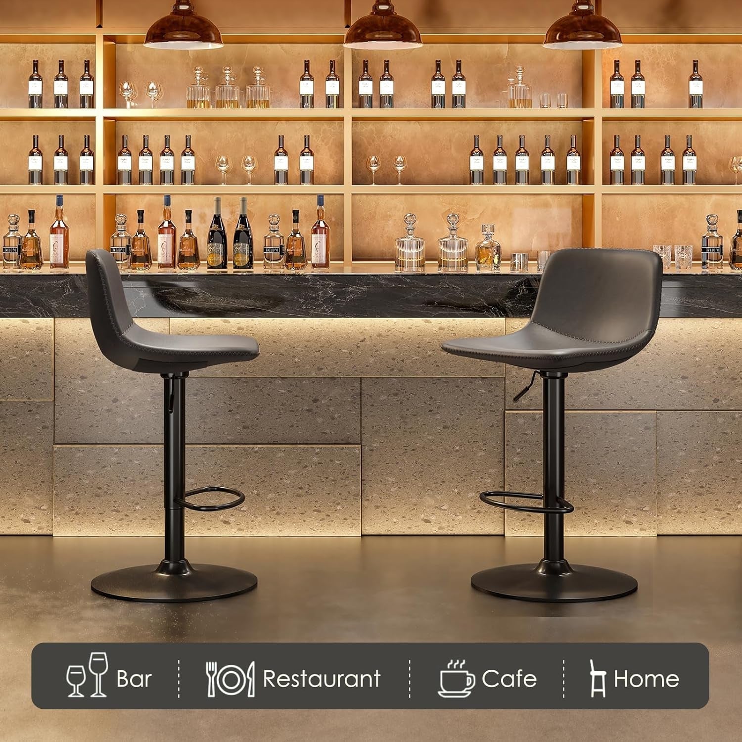 Adjustable Bar Stools Set of 2 PU Leather Back Support