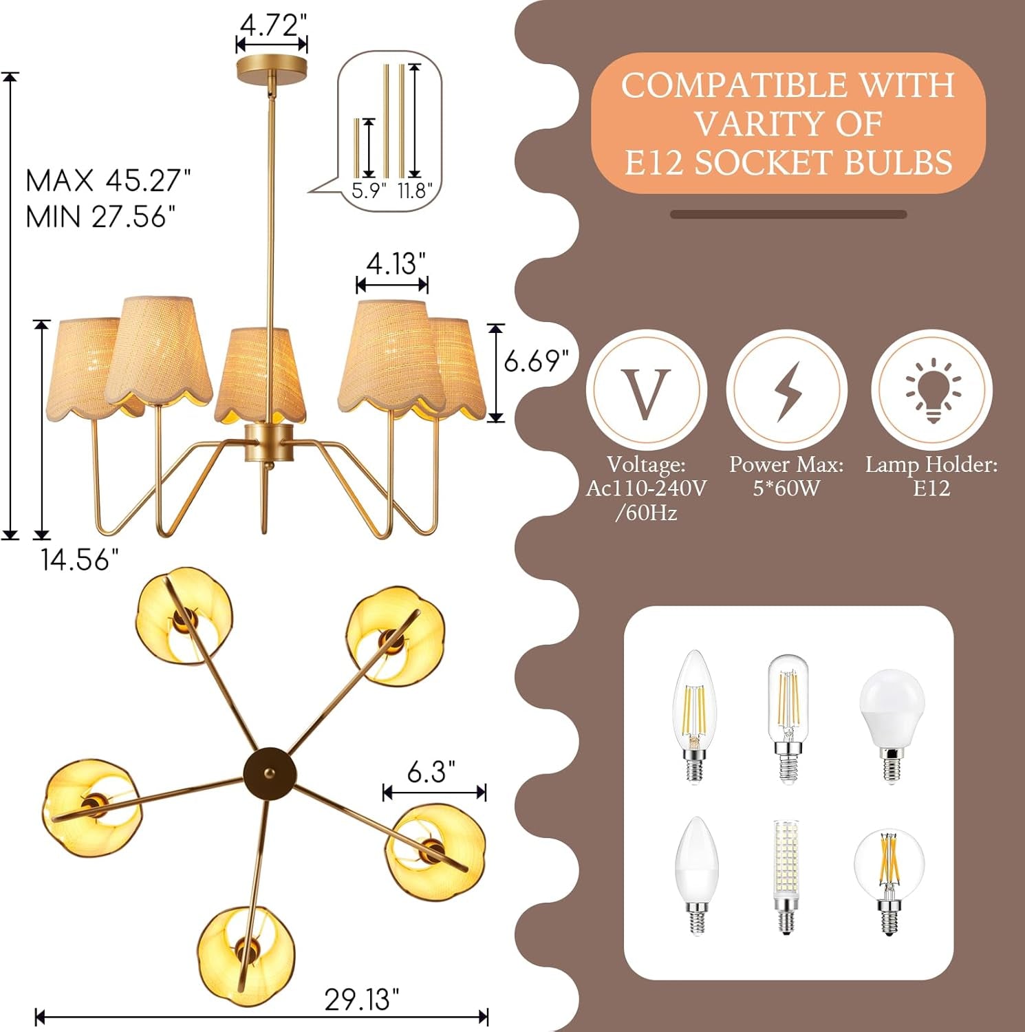 28 Inch Rattan Chandelier Antique Brass Five Light Pendant-4