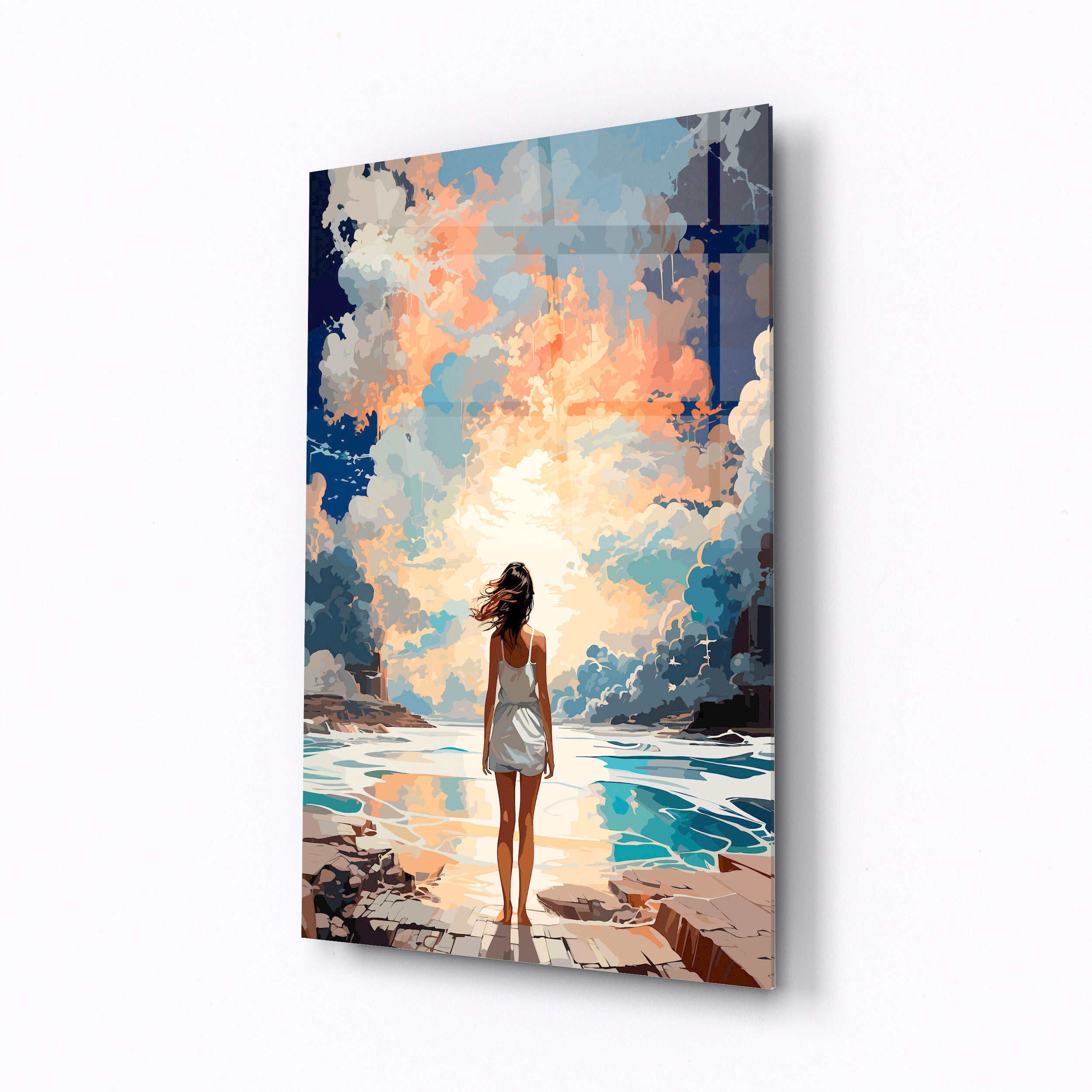 Tempered glass wall art Girl on the stone shore-0