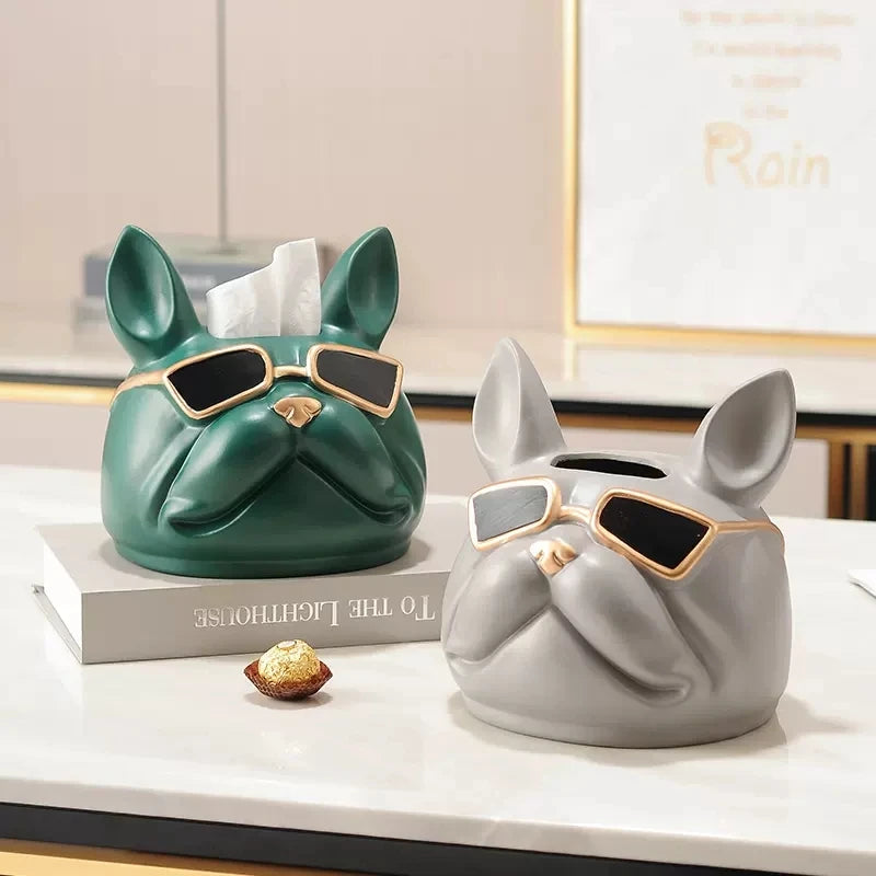 Dog Head Tissue Box Holder for Table French Bulldog Head Statue