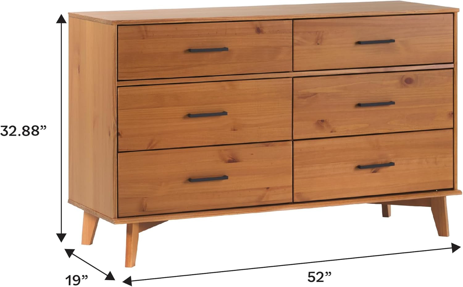 Walker Edision 6-Drawer Dresser In Solid Pine Wood With Metal Handles Caramel