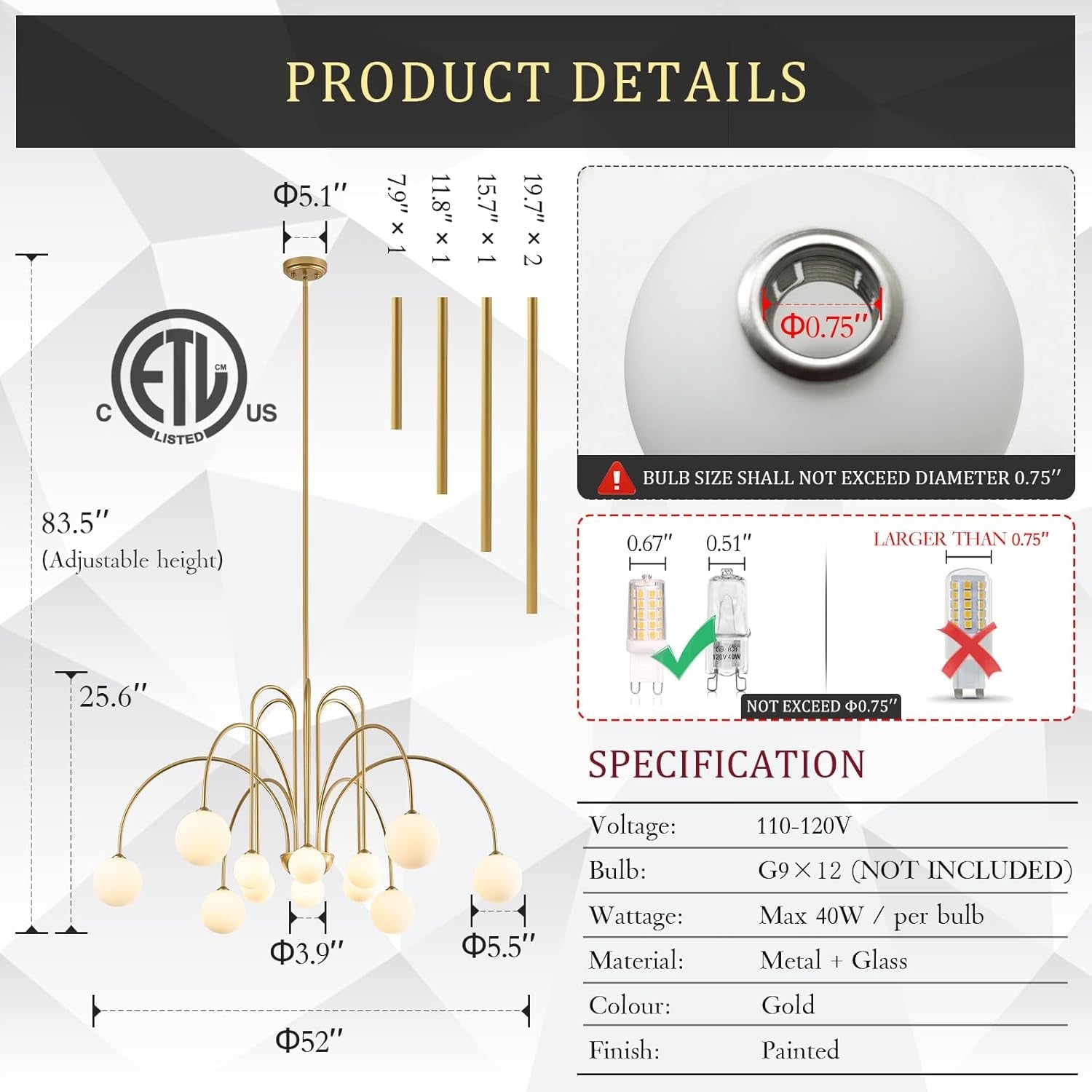 Gold Sputnik Chandelier 52 Inch Radiant Milk Glass Shades-1