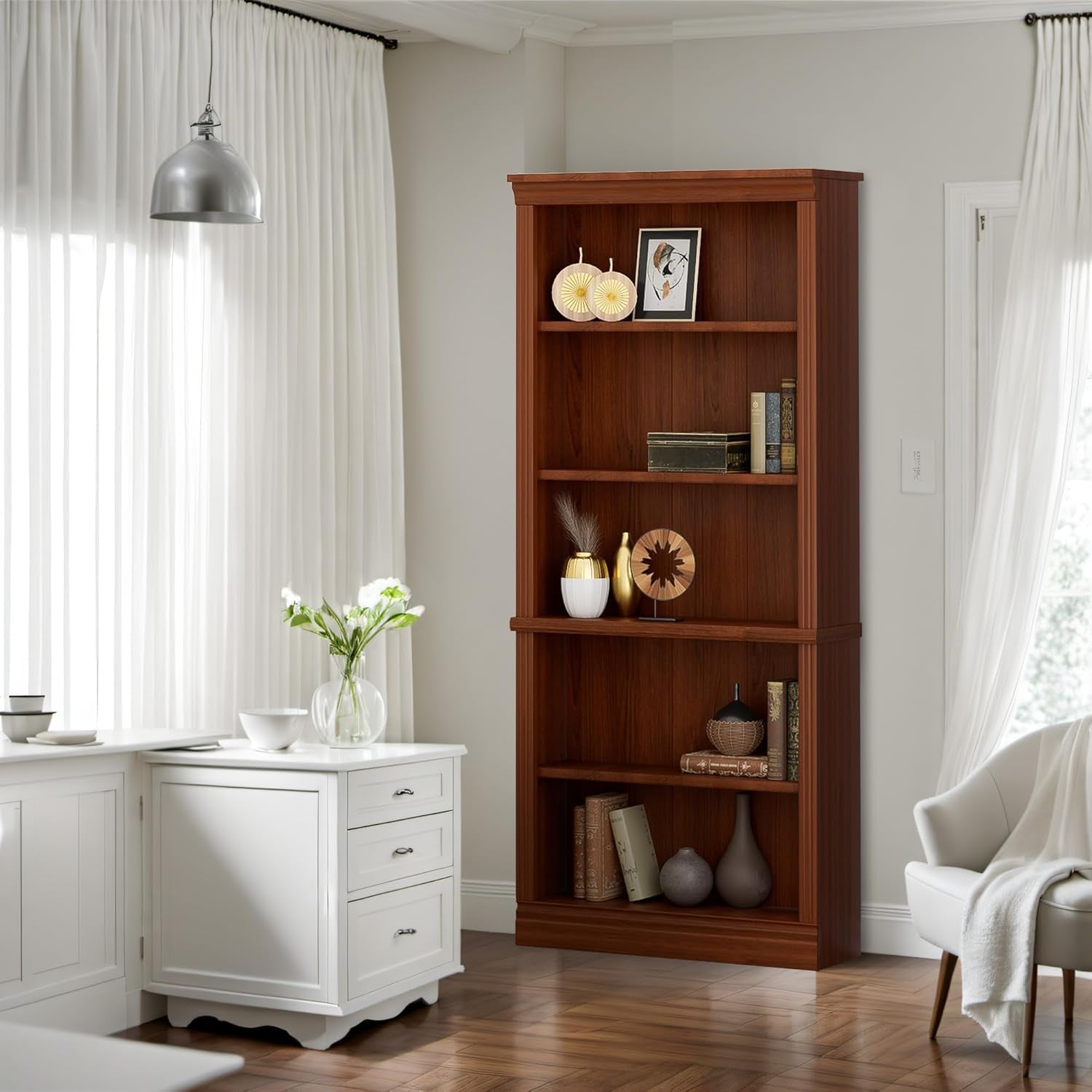 Five Shelf Tall Bookcase 72 Inch Cherry Wood Open Display