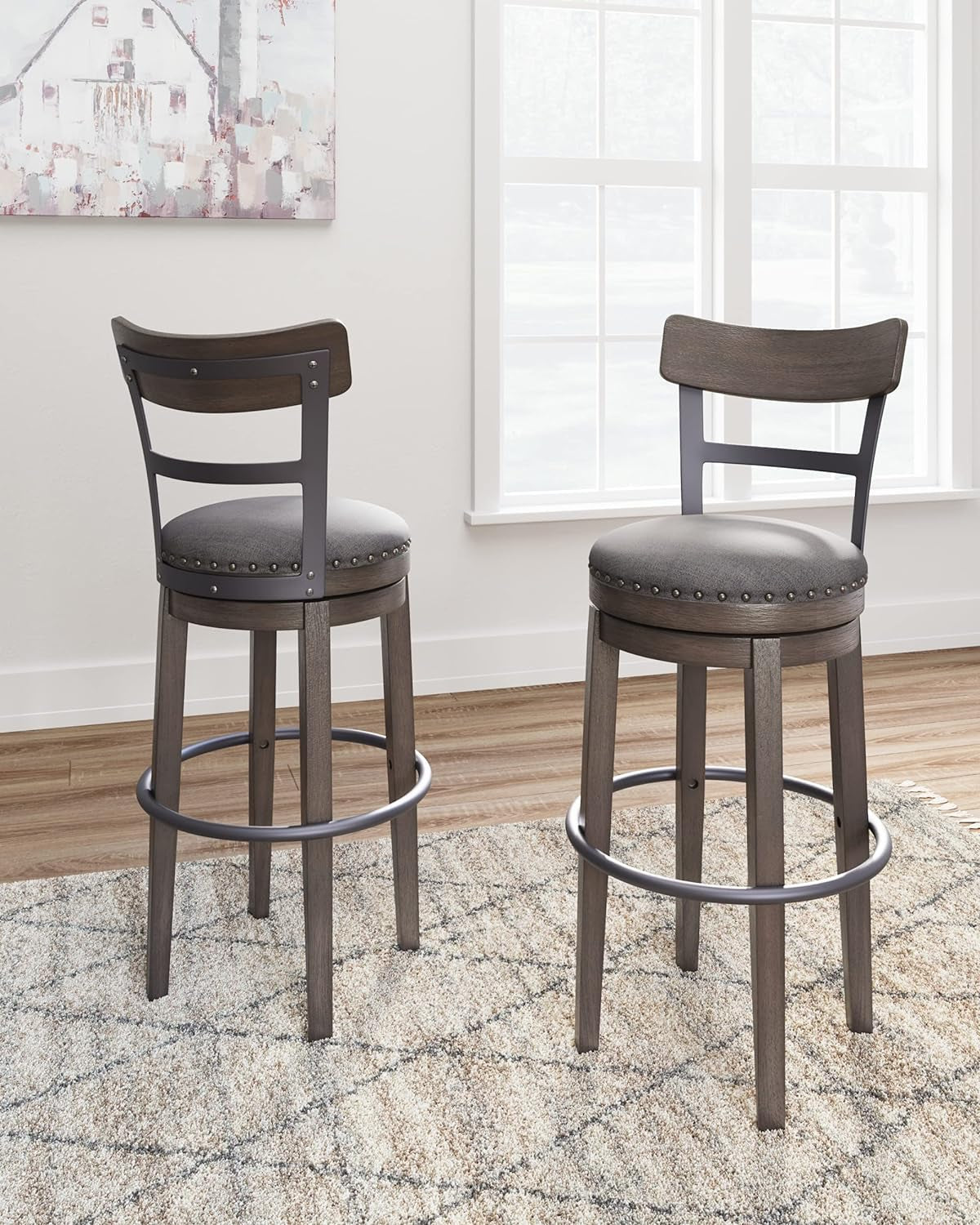 30 Inch Gray Upholstered Swivel Farmhouse Bar Stool