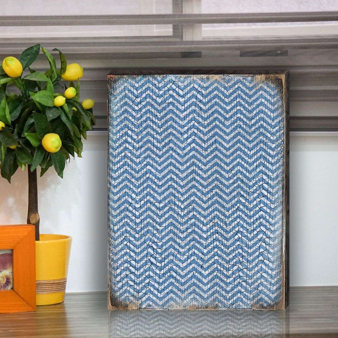 Blue Chevron Stripes Rustic Wooden Wall Art by G. DeBrekht | Floral Ornamental Décor - 95009B-3