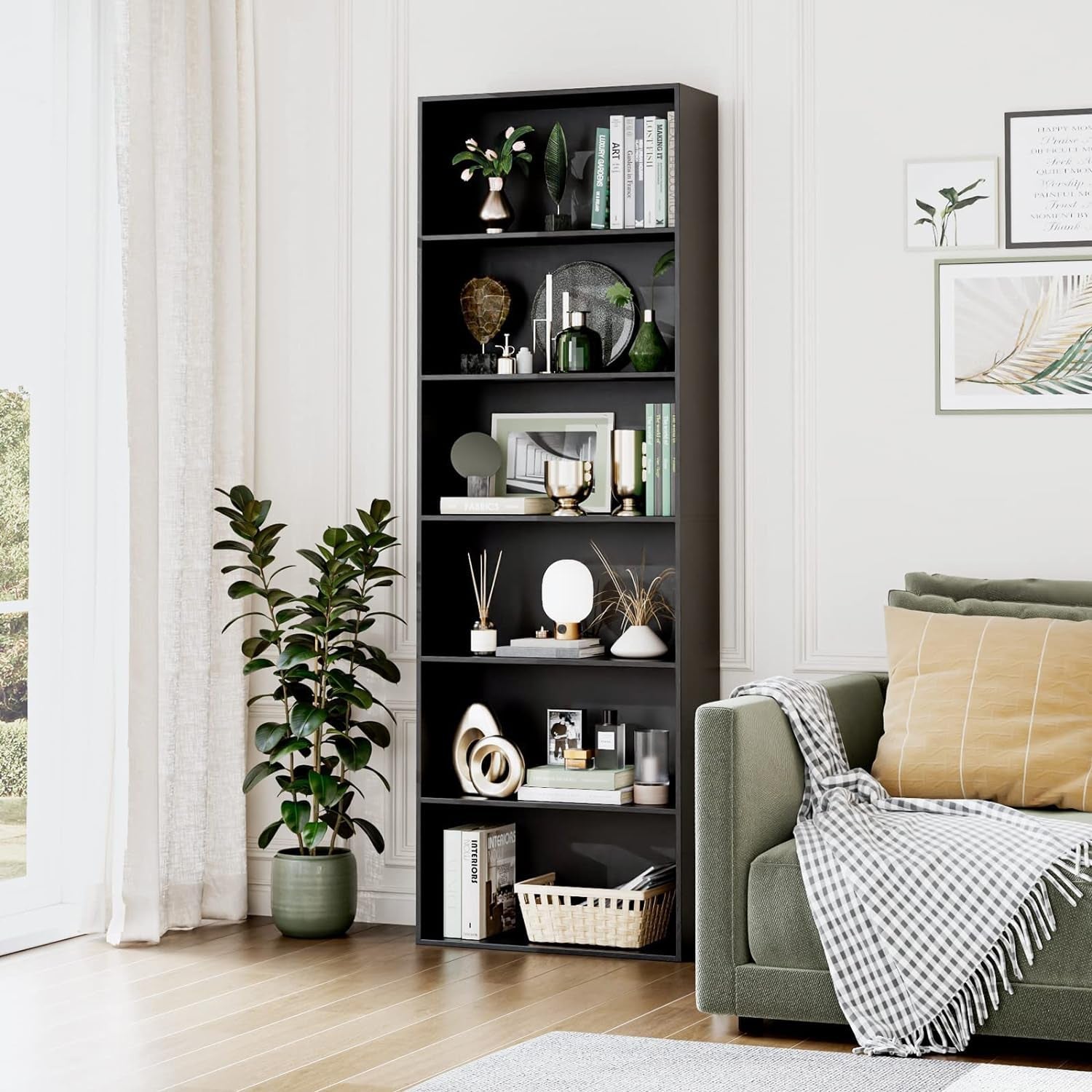 Six Tier Open Bookcase Tall Freestanding Shelving Black