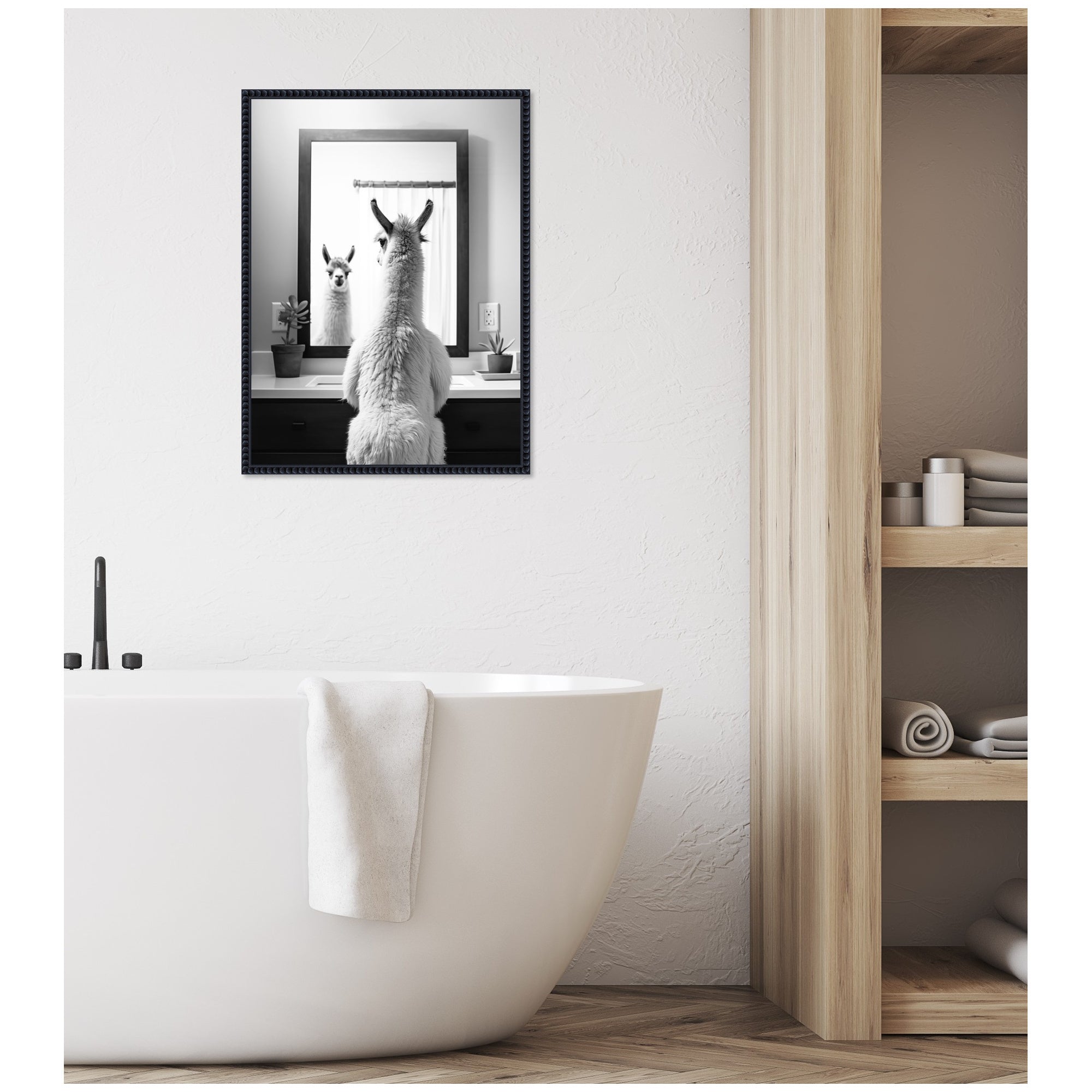Sylvie Llama Bathroom Art Mirror Black and White Framed Canvas by The Creative Bunch Studio