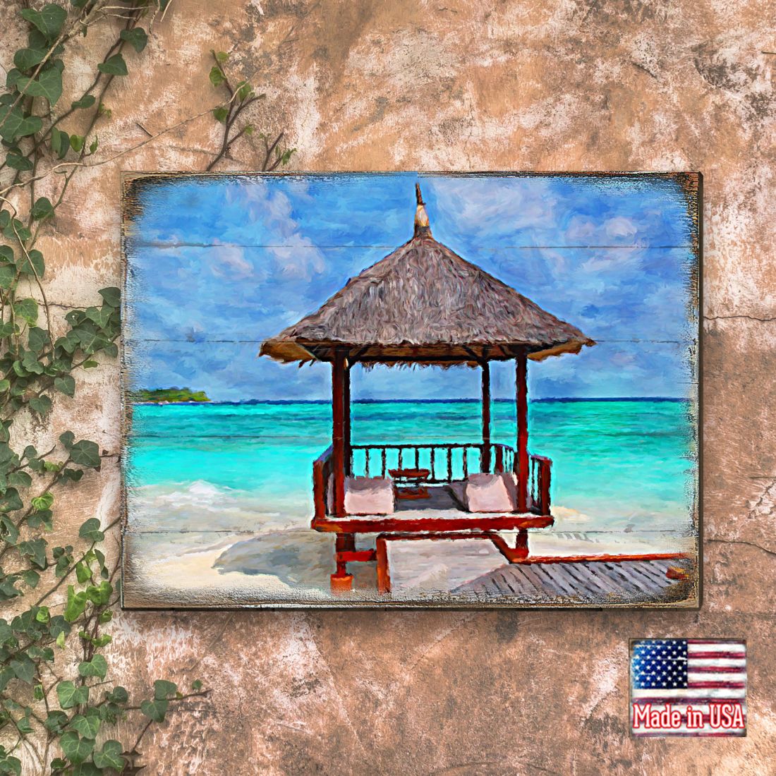 Beach Cabana Wood Wooden Coastal Wall Art by Nature Wonders | Coastal Sea-Life Décor - 95270B-1