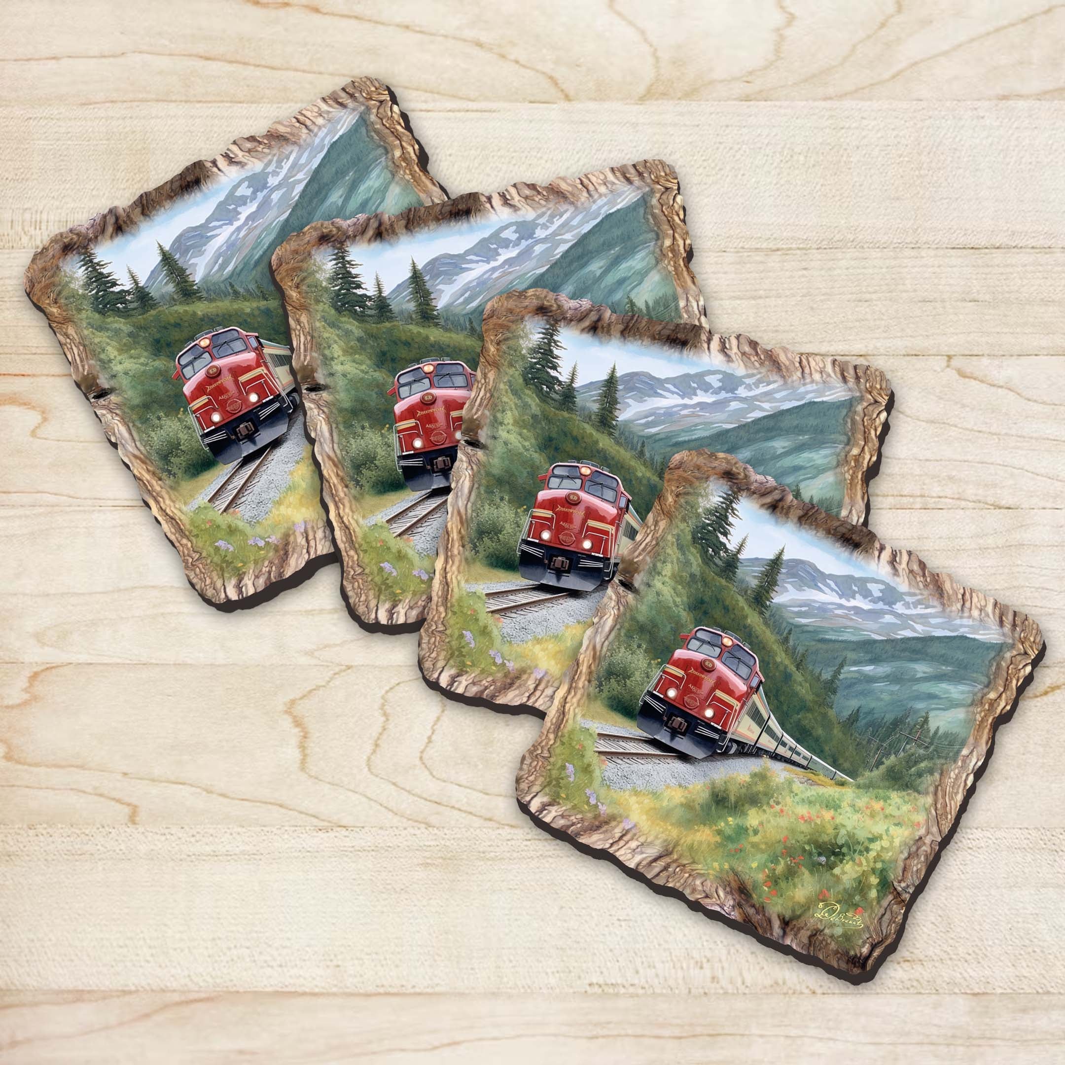 Train Wooden Cork Coasters Gift Set of 4 by Nature Wonders | Nature Wildlife Décor  - 95393C-S4-0