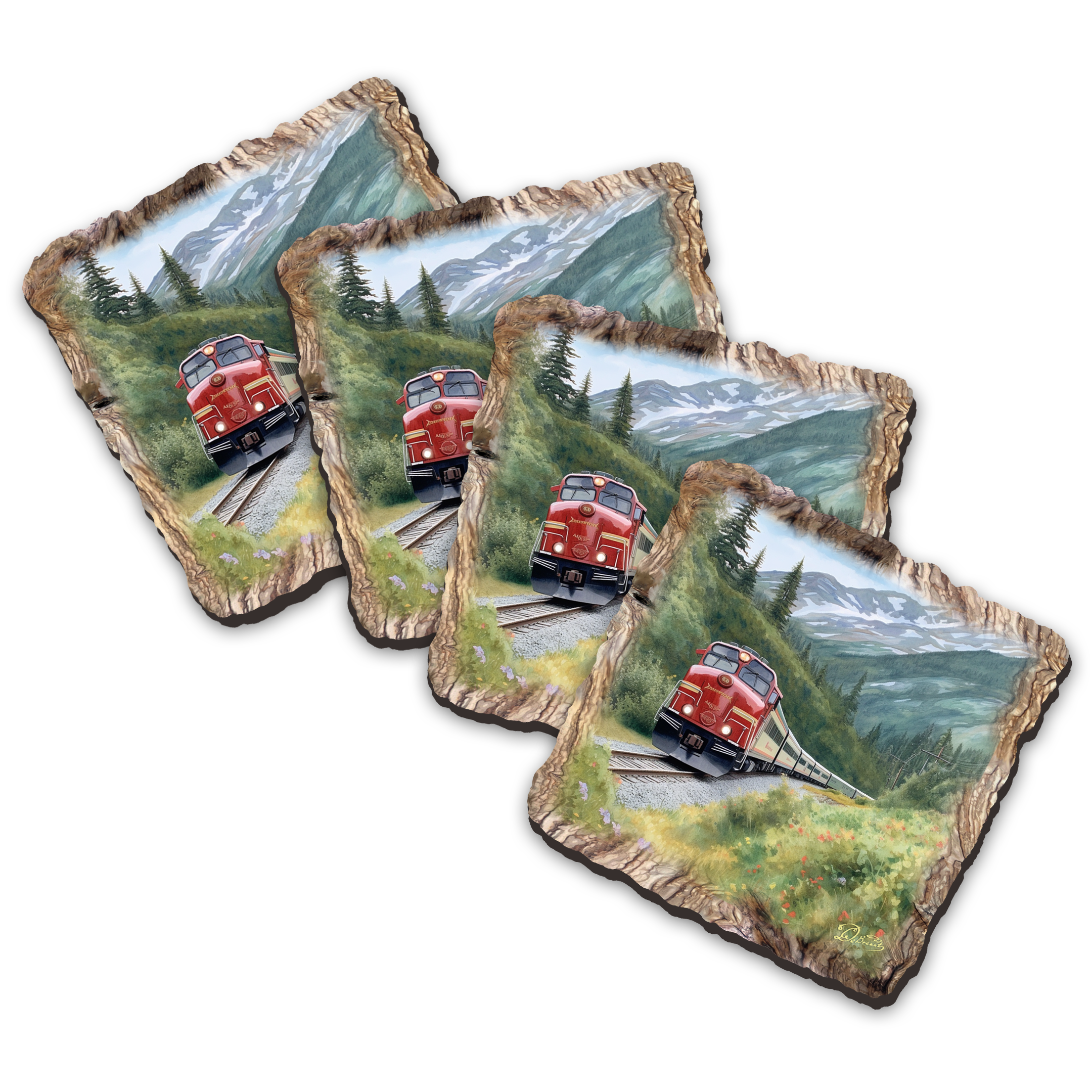 Train Wooden Cork Coasters Gift Set of 4 by Nature Wonders | Nature Wildlife Décor  - 95393C-S4-2