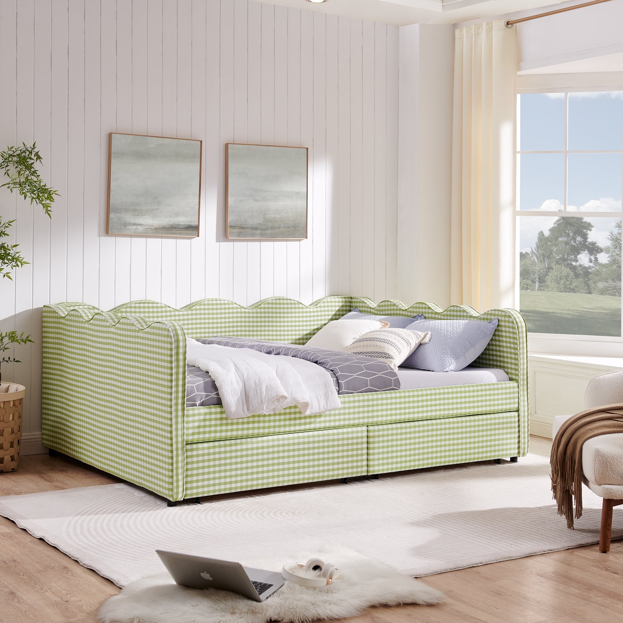 Queen Size Cozy Gingham Daybed with Two Storage Drawers and USB Port