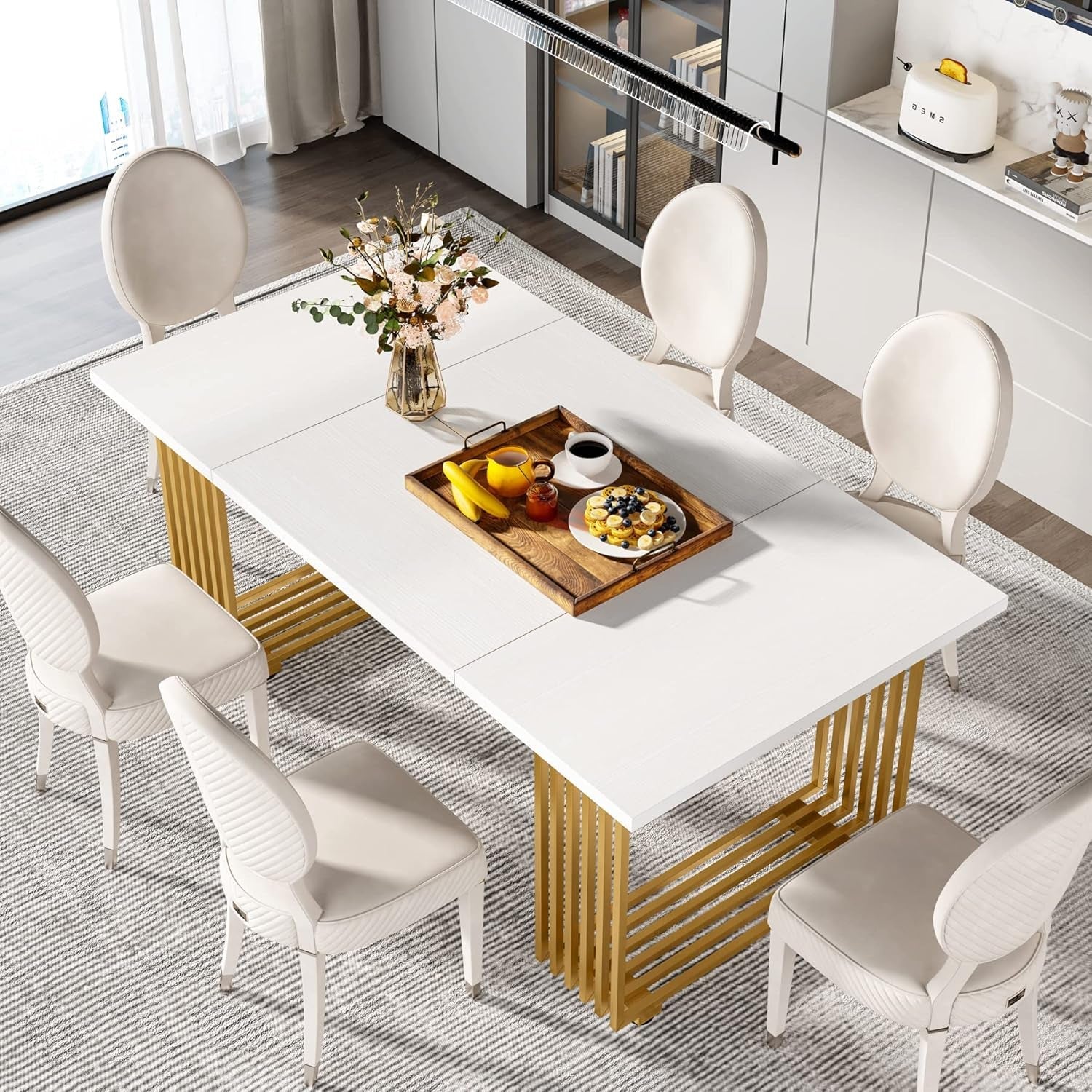 White Gold Wood Dining Table 70 Inch Rectangular For Dining Room
