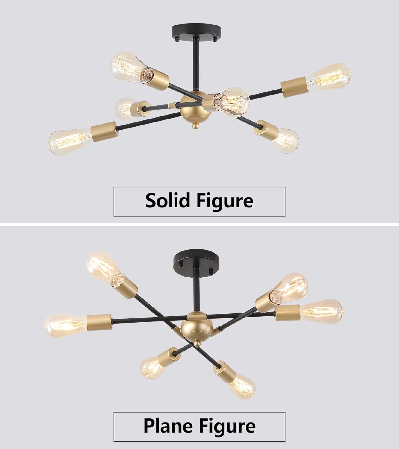 Black And Gold 6 Light Sputnik Ceiling Chandelier Semi Flush Mount UL Listed