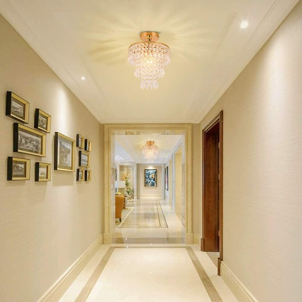 Mini Gold Crystal Chandelier 3 Tier Raindrop Flush Mount
