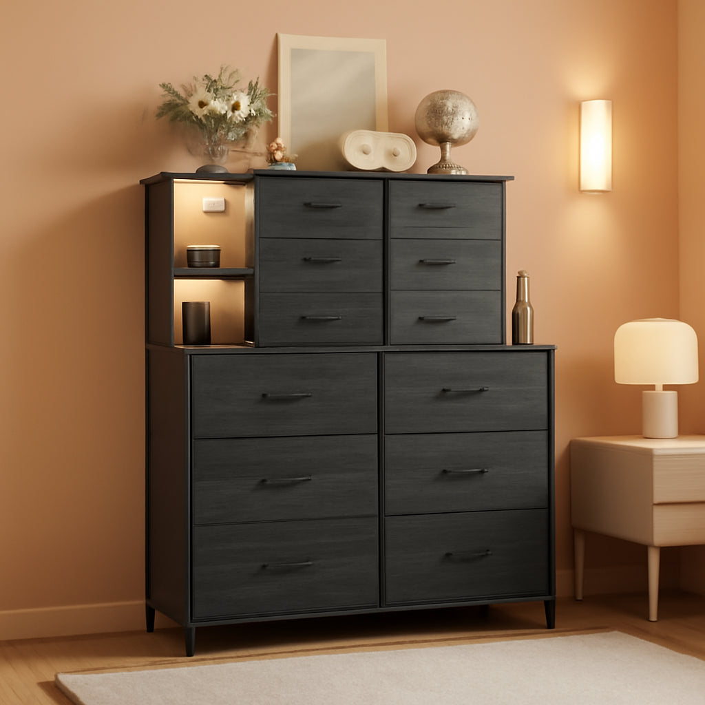 12 Drawer Dresser With Led Lights In Black Bedroom Storage Cabinet With Ample Drawer Space And Modern Metal Frame