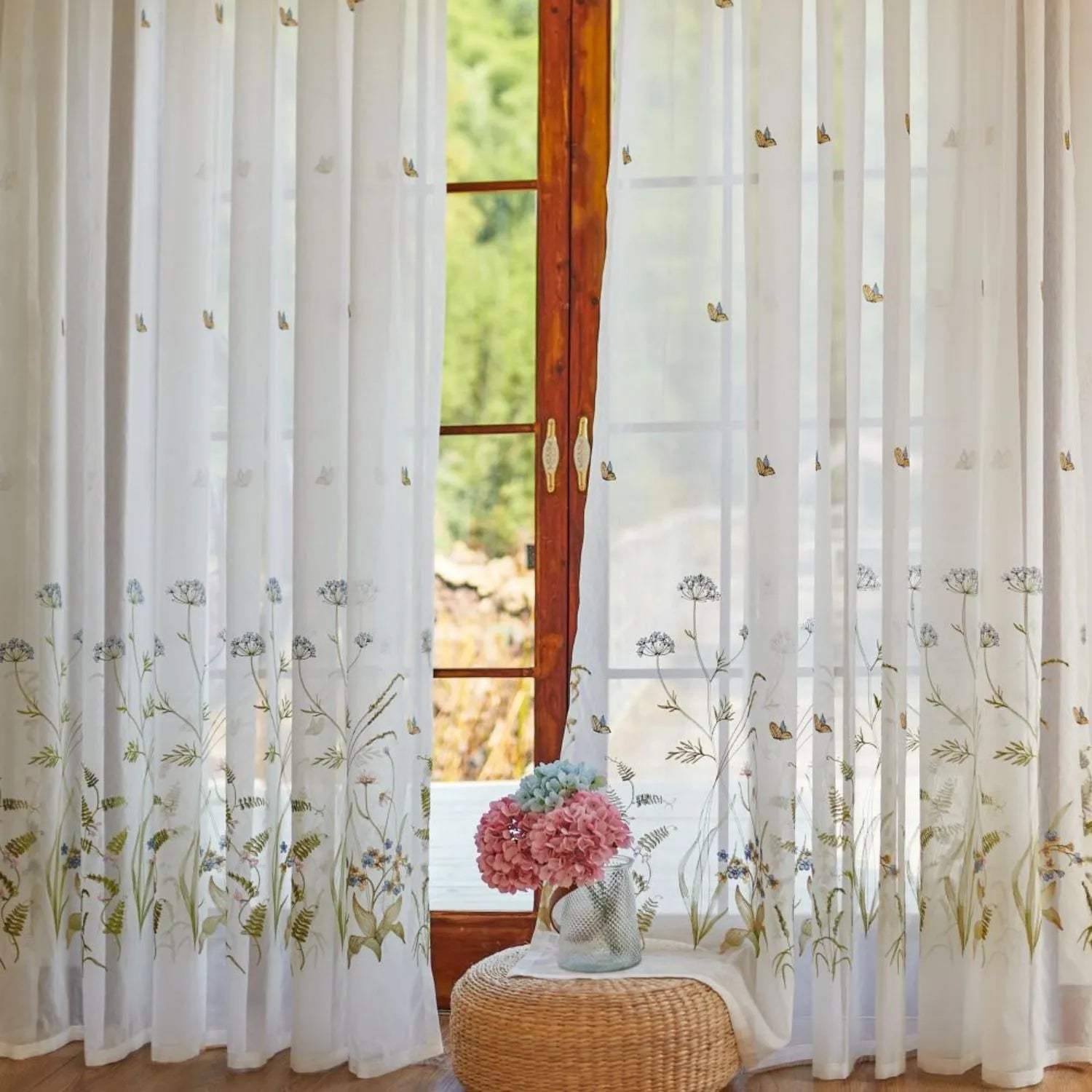 Sunny Floral Embroidered Sheer Curtains