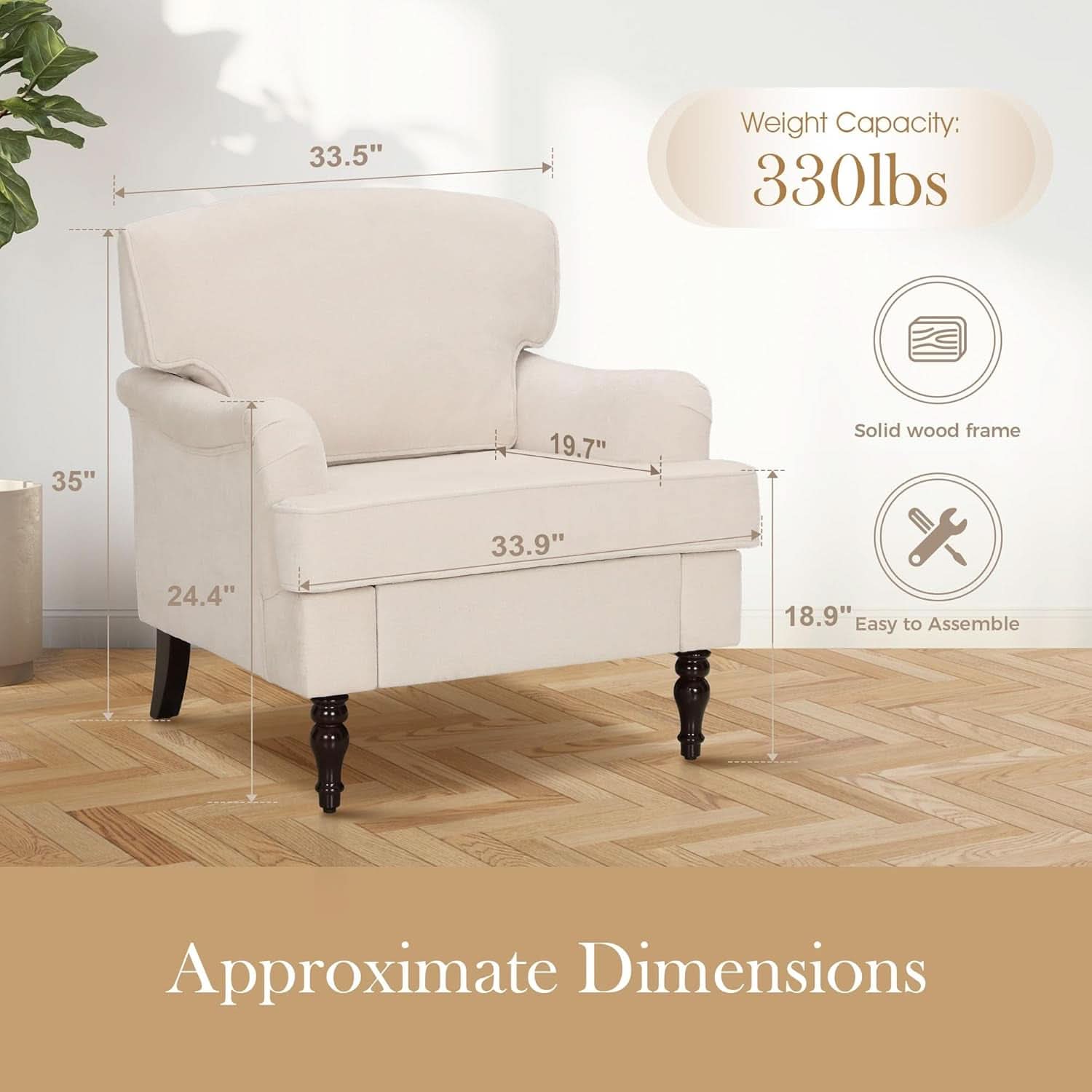 Three Piece Living Room Furniture Set With Linen Fabric Loveseat And Two Accent Chairs Off White